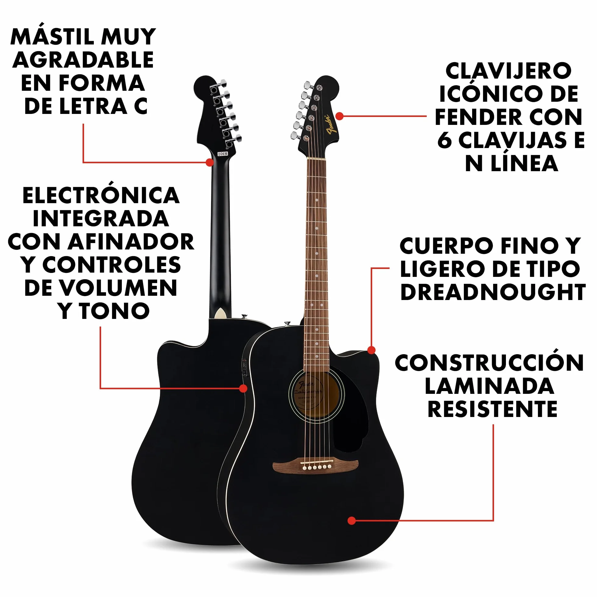 Fender CA Debut Guitarra Redondo Dreadnought CE Acústica, Guitarra para Principiantes, con 2 Años de Garantía, Black