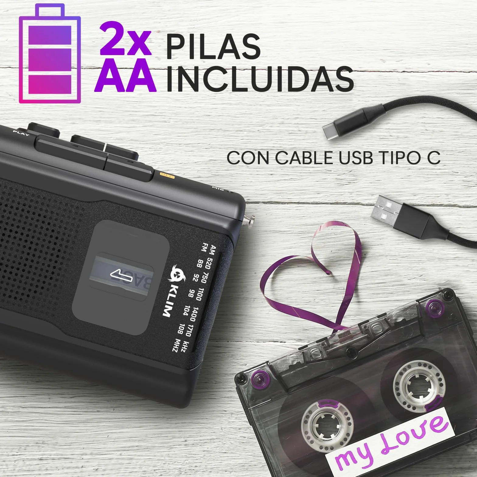 KLIM K8 Reproductor Cassette con Auriculares F1 - Cassette Player AM/FM Radio Negro