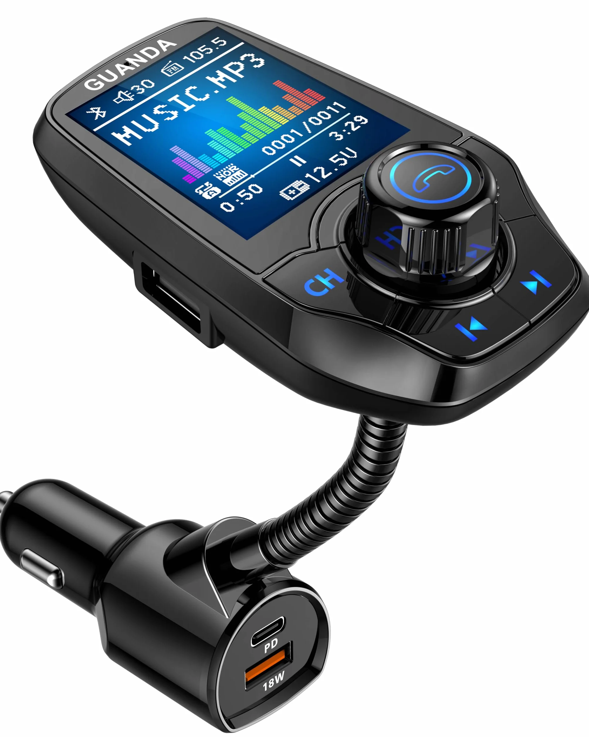Transmisor FM Bluetooth Coche, Pantalla A Color De 1,8" Adaptador Bluetooth Coche, Manos Libres Tarjeta SD/TF Cargador USB PD 20W Bluetooth Coche Mechero, Entrada/Salida Aux Musica Audio Bluetooth