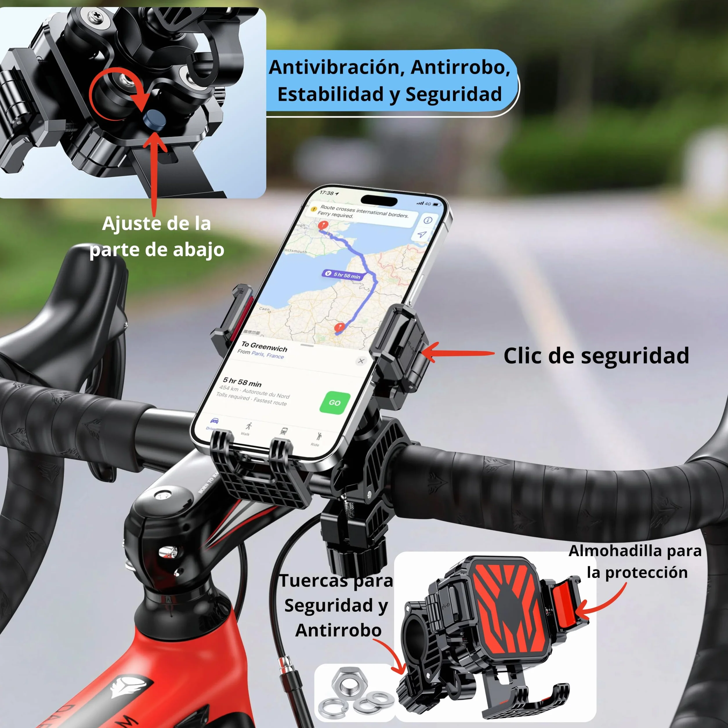 Soporte Móvil Antivibración y Antirrobo para Bicicleta, Porta Móvil Bici Liberación Rápida 360° para iPhone 13-17, Samsung, Xiaomi, 4.0"-7.0" Smartphone