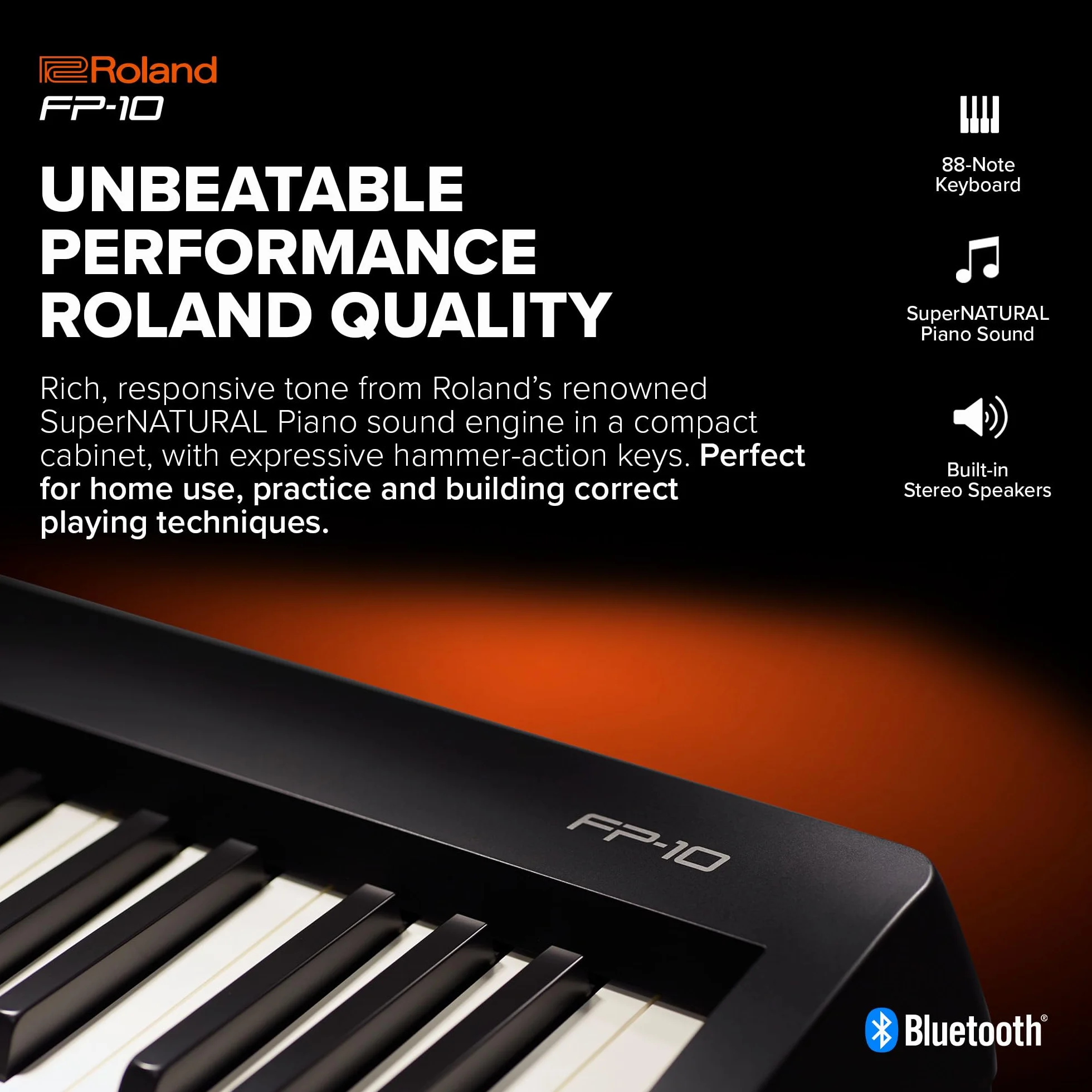 Roland FP-10 – Piano digital de 88 notas compacto con sonidos de SuperNATURAL Piano y teclado con sensaciones acústicas auténticas | Ideal para tocar en casa, estudiar y aprender técnicas correctas