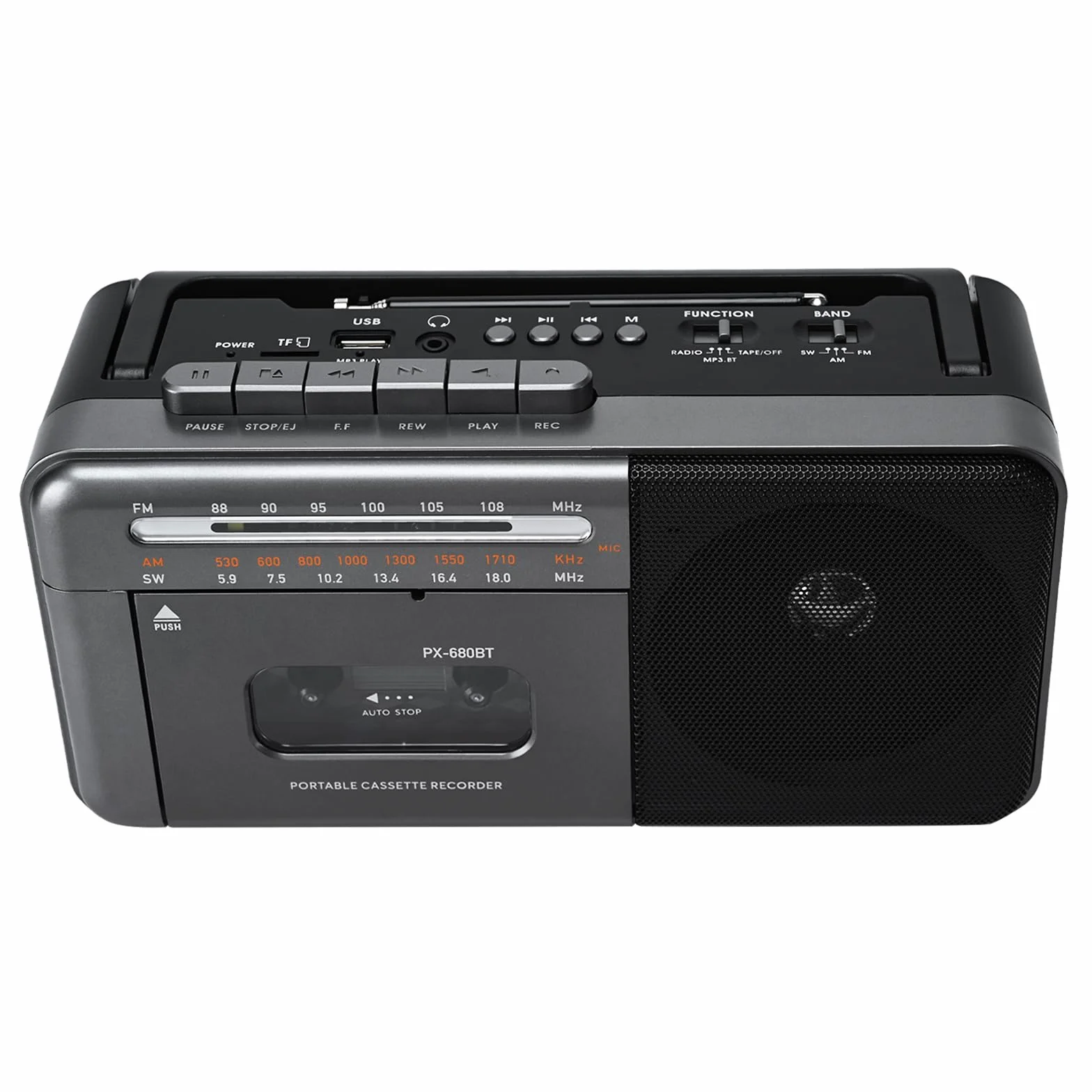 Lychee Grabadora de cinta portátil AM/FM/SW con altavoz integrado, compatible con TF/USB, gris