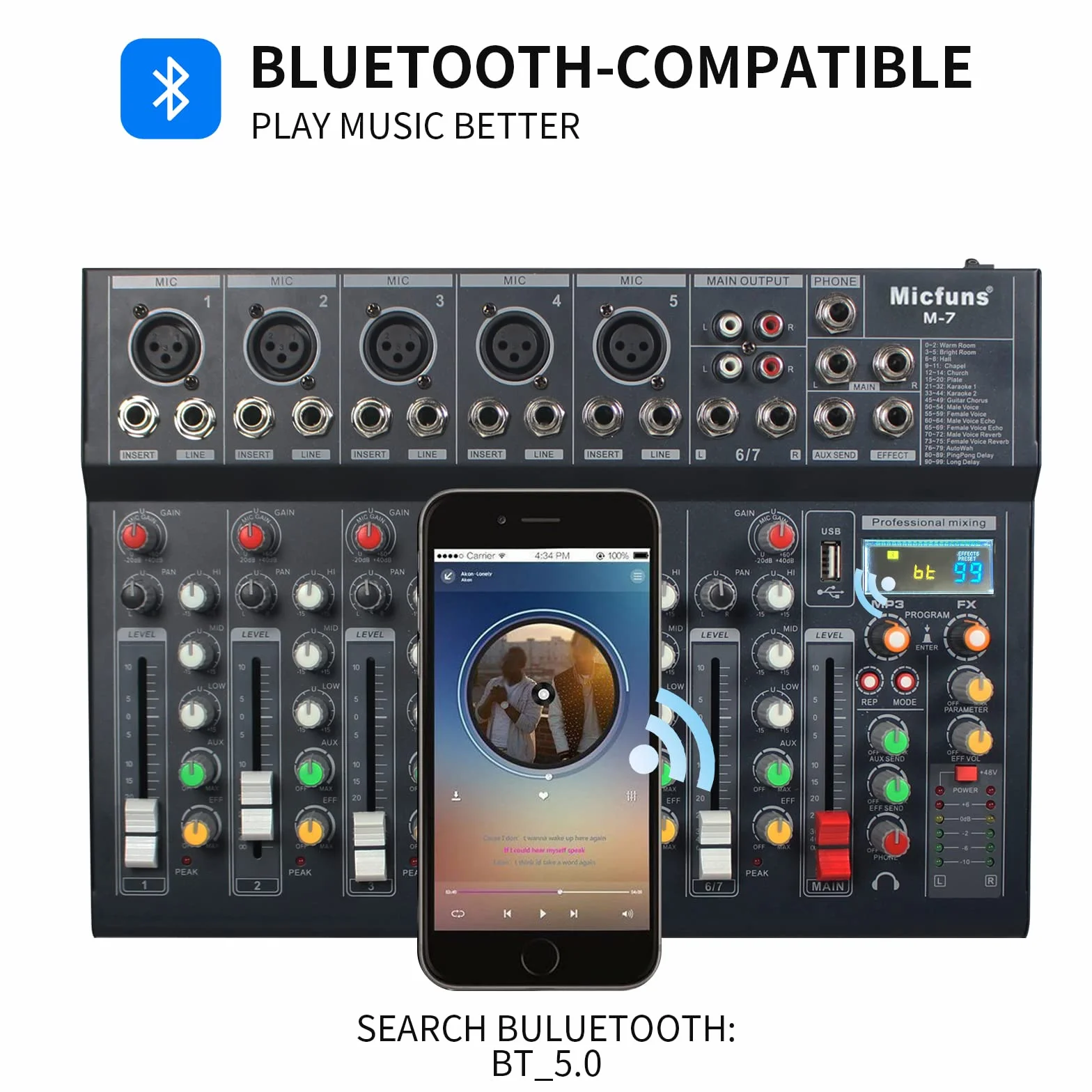 M7 - Mezcladores de grabación sin alimentación de 5 V con 99DSP, MP3, USB, DJ, Bluetooth, consola mezcladora de audio de 48 V, tablas de mezcla de bandas de 7 canales para grabación de estudio