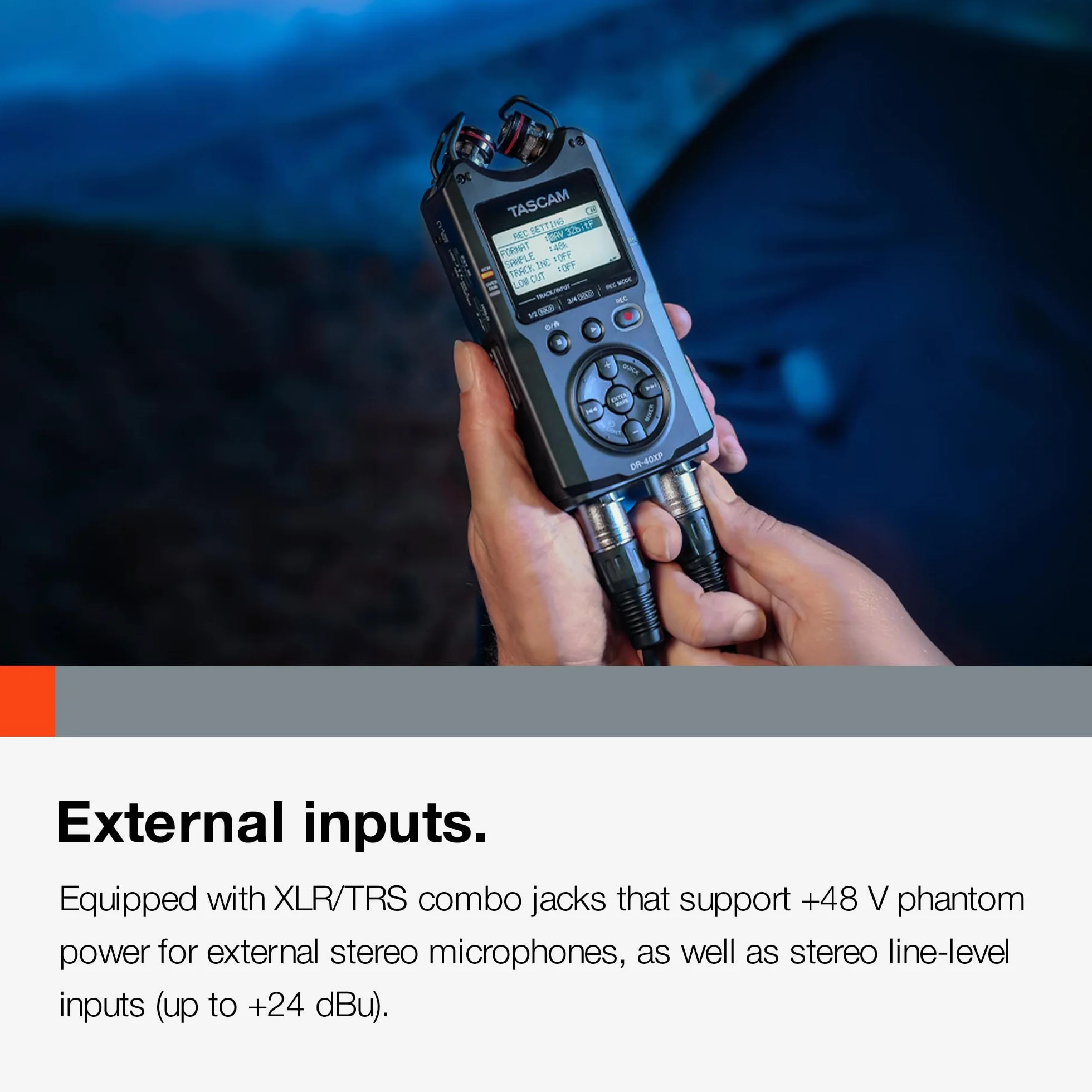 TASCAM DR-40XP - Grabadora portátil de campo de mano flotante de 4 canales de 32 bits e interfaz de audio USB-C, con 2 entradas XLR/TRS y micrófonos ajustables para música, audio para video y