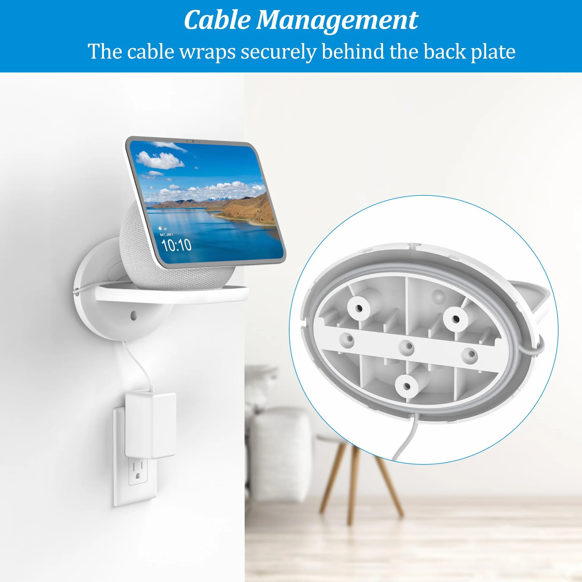 PlusAcc Soporte de Pared para Show 8 (última generación 2025) & Show 11 y Nest WiFi - Solución Que Ahorra Espacio para Todos los Altavoces de hasta 7 kg (Blanco, Lote de 1)