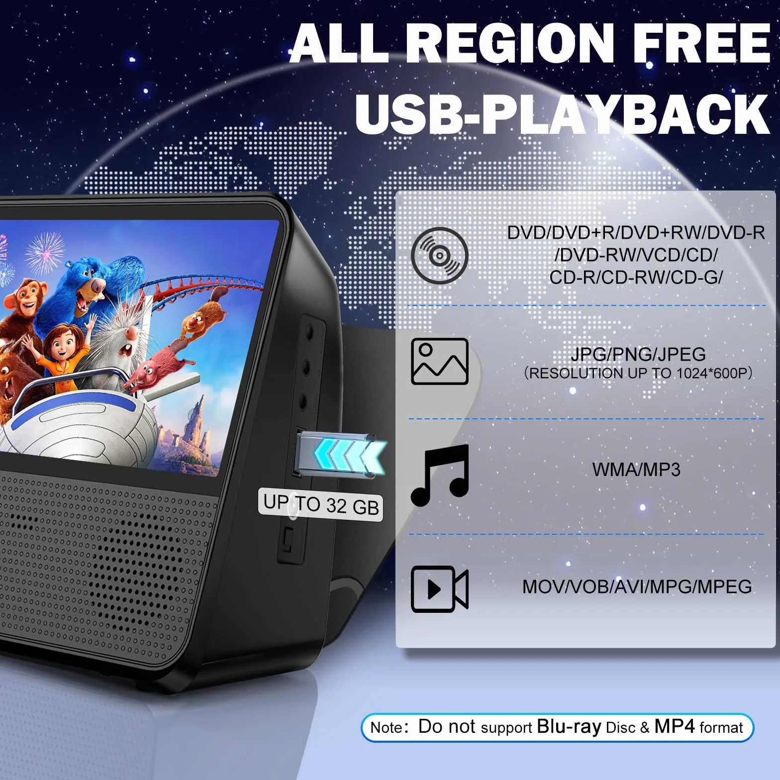 4000mAh Reproductor DVD Portátil Recargable, HD 9,8" DVD Player Todas Las regiones, Compatible con DVD/CD/Bluetooth/AUX/RCA/USB, Temporizador, Control de Brillo, Música Bluetooth, Mando a Distancia