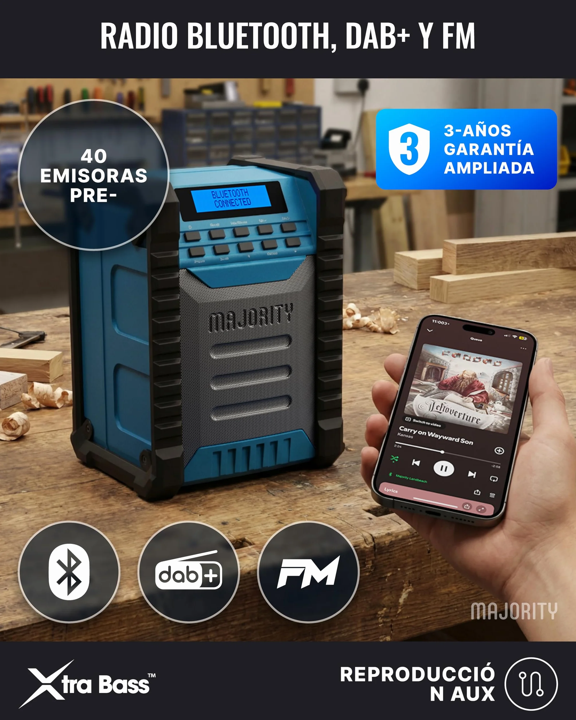 MAJORITY Landbeach Radio de Obra Portátil | Batería de 10.000 mAh Dab+ & FM Digital Radio con Bluetooth | Clasificación de Protección IP54 contra Polvo y Agua | 40 Presets and 6 EQ