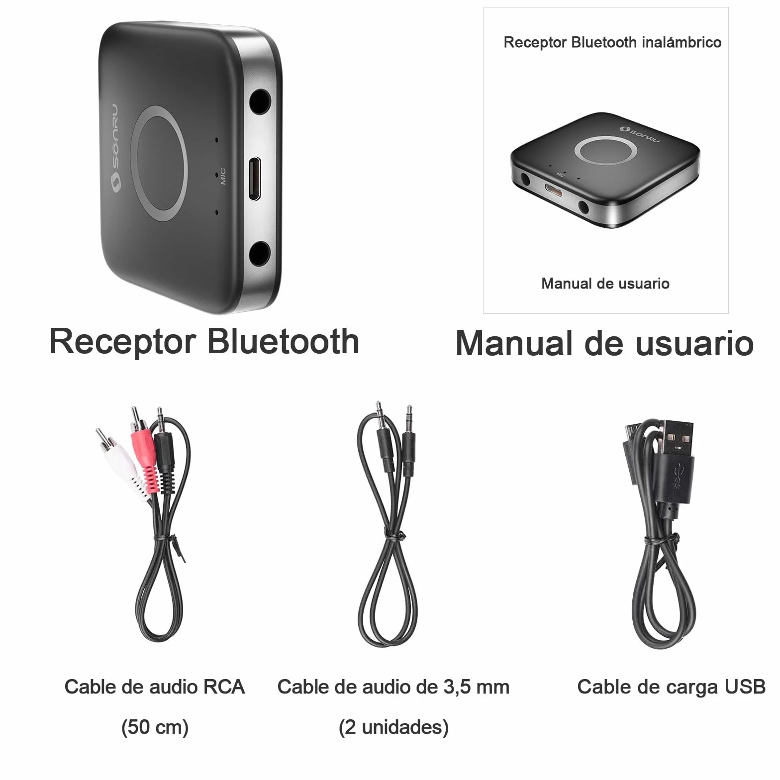 Receptor Bluetooth 5.3 HiFi, SONRU Adaptador Bluetooth Audio Inalámbrico Jack 3.5mm RCA Cable Salida AUX Dual para Estéreo Domestico/Altavoz/Amplificador