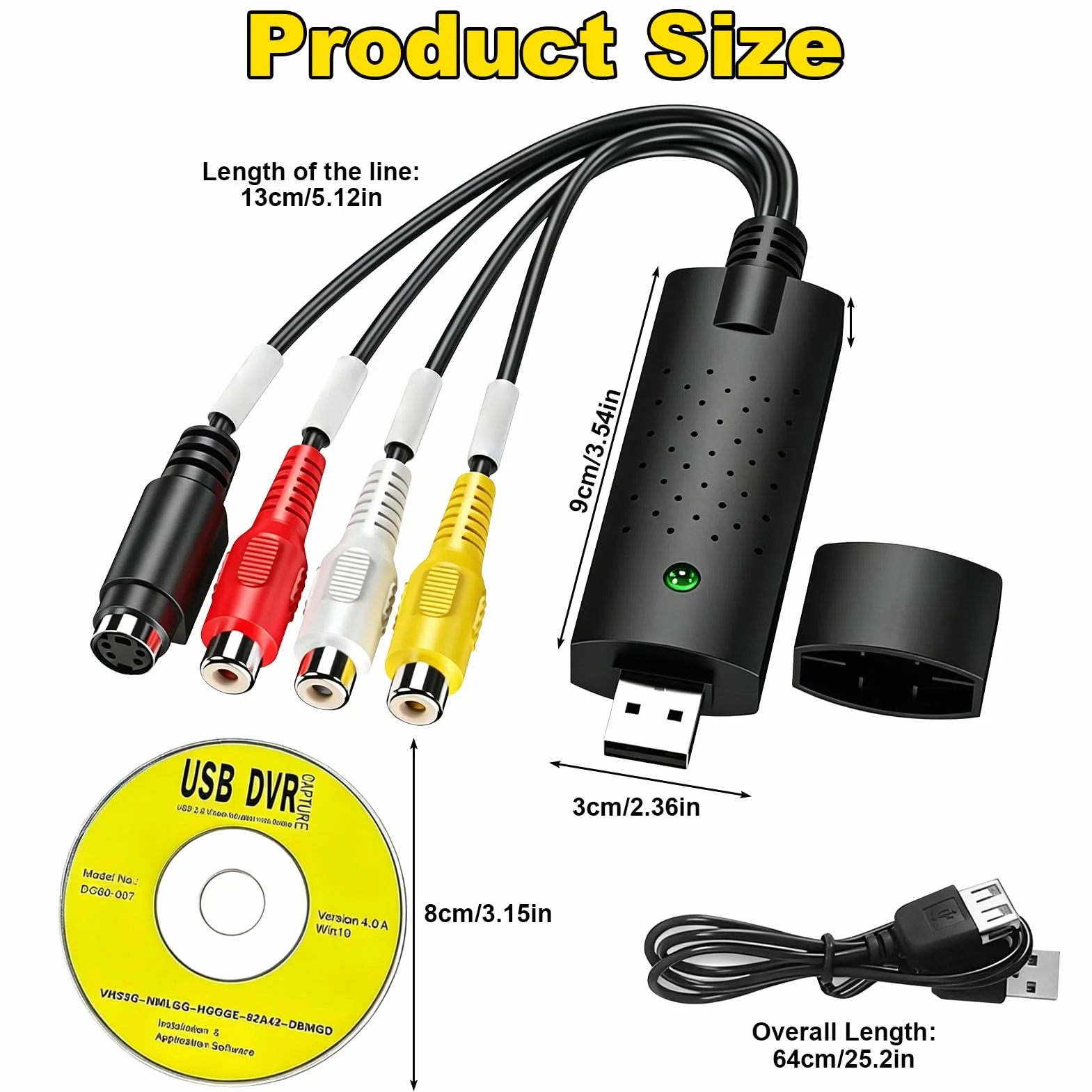 Convertidor VHS a Digital RCA Capturadora de Video y Audio USB Convertidor para VHS VCR TV DVD Analog zu Digital Video Konverter para Windows 11 10 8 7 Mac XP Vista Negro