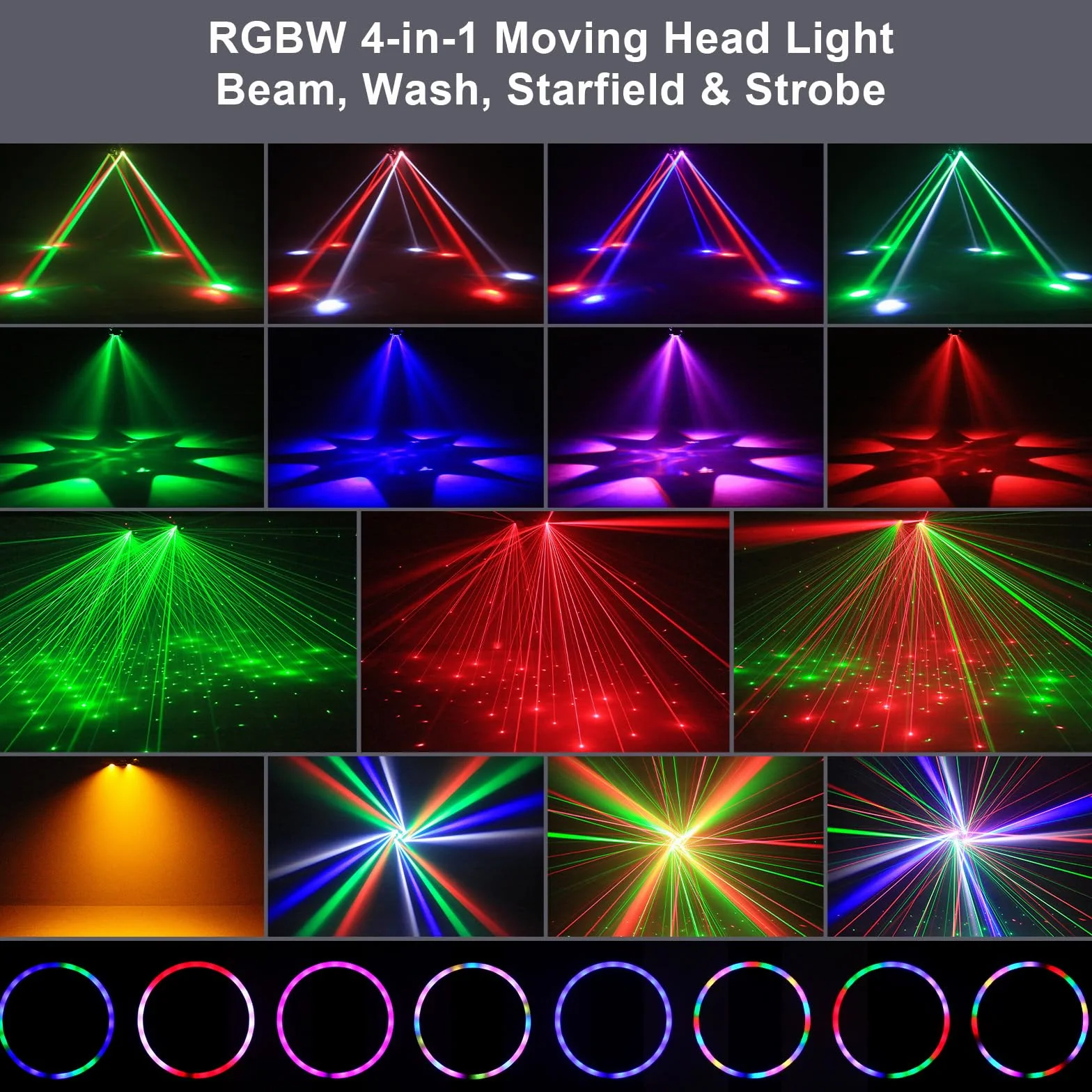 150W Cabeza Móvil Beam Luces de Escenario, LED RGBW Foco Wash con Control Remoto Luz Estroboscópica Dorada DMX512 Luz de Discoteca para Bar Halloween DJ Bodas