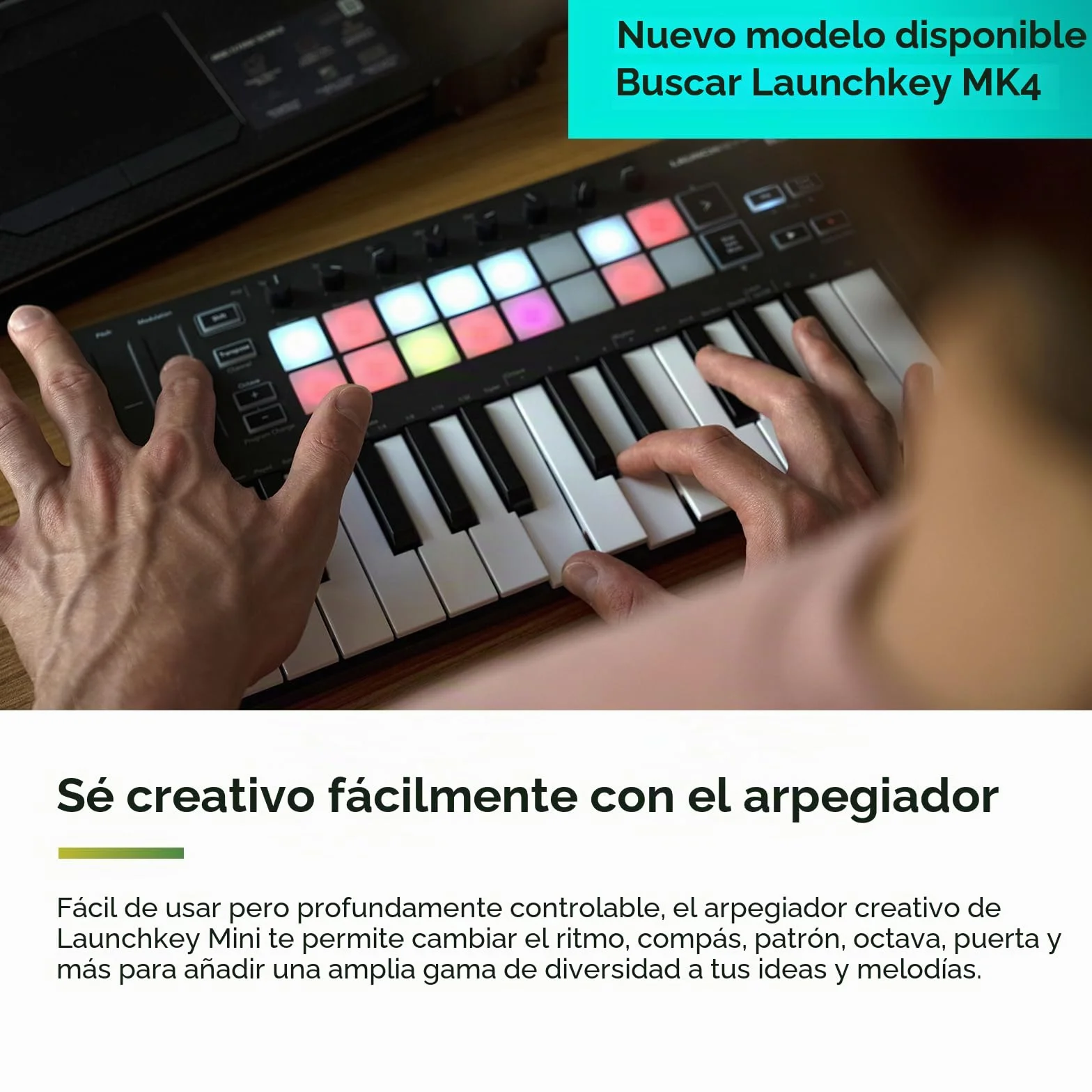 Novation Launchkey Mini [MK3] — Controlador de teclado MIDI de 25 teclas portátil con USB e integración de DAW. Modo de acordes fijos y arpegiador — para producción musical