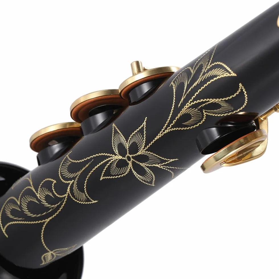 HUIOP Saxofón soprano recto de latón Saxofón Bb B Instrumento de viento de madera plano Patrón tallado de llave de concha natural con estuche de transporte Guantes Paño de limpieza Correas Varilla de