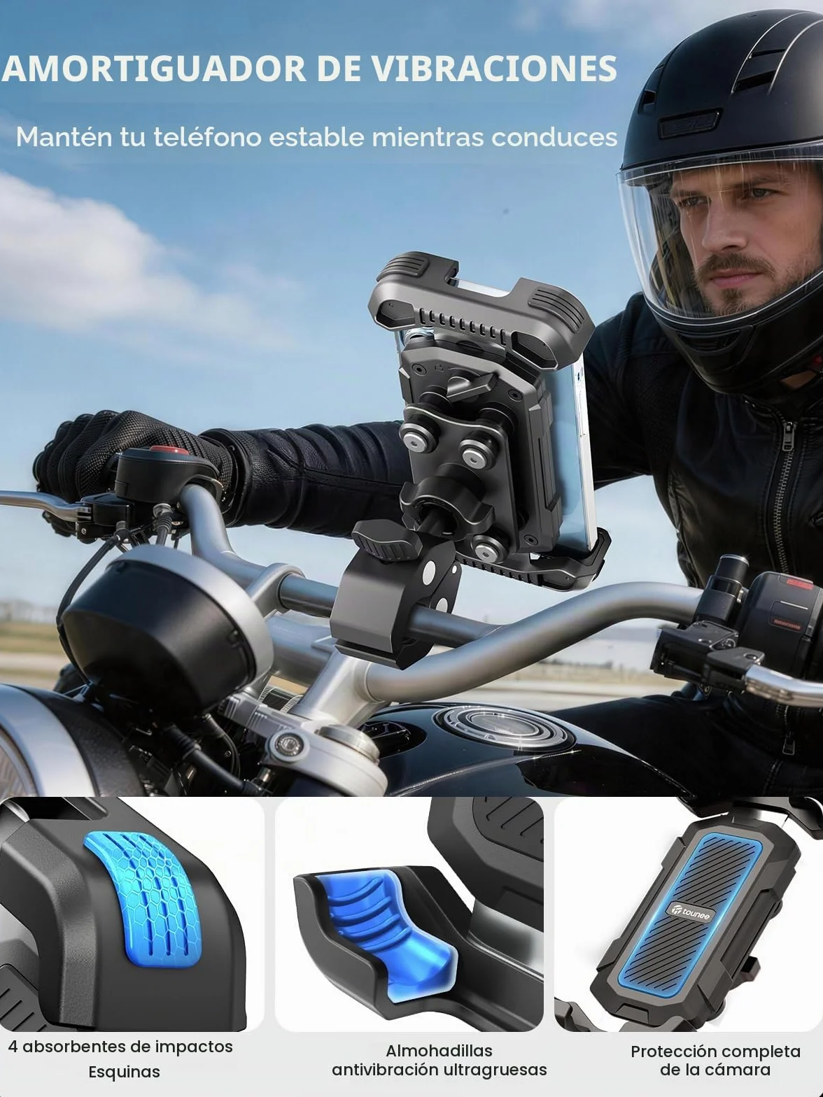 tounee Soporte para teléfono de Motocicleta Doble Amortiguador de Vibraciones Clip de Manillar sin Herramientas Cierre Seguro para iPhone 16/15 Pro MAX 4.7-6.7" Negro