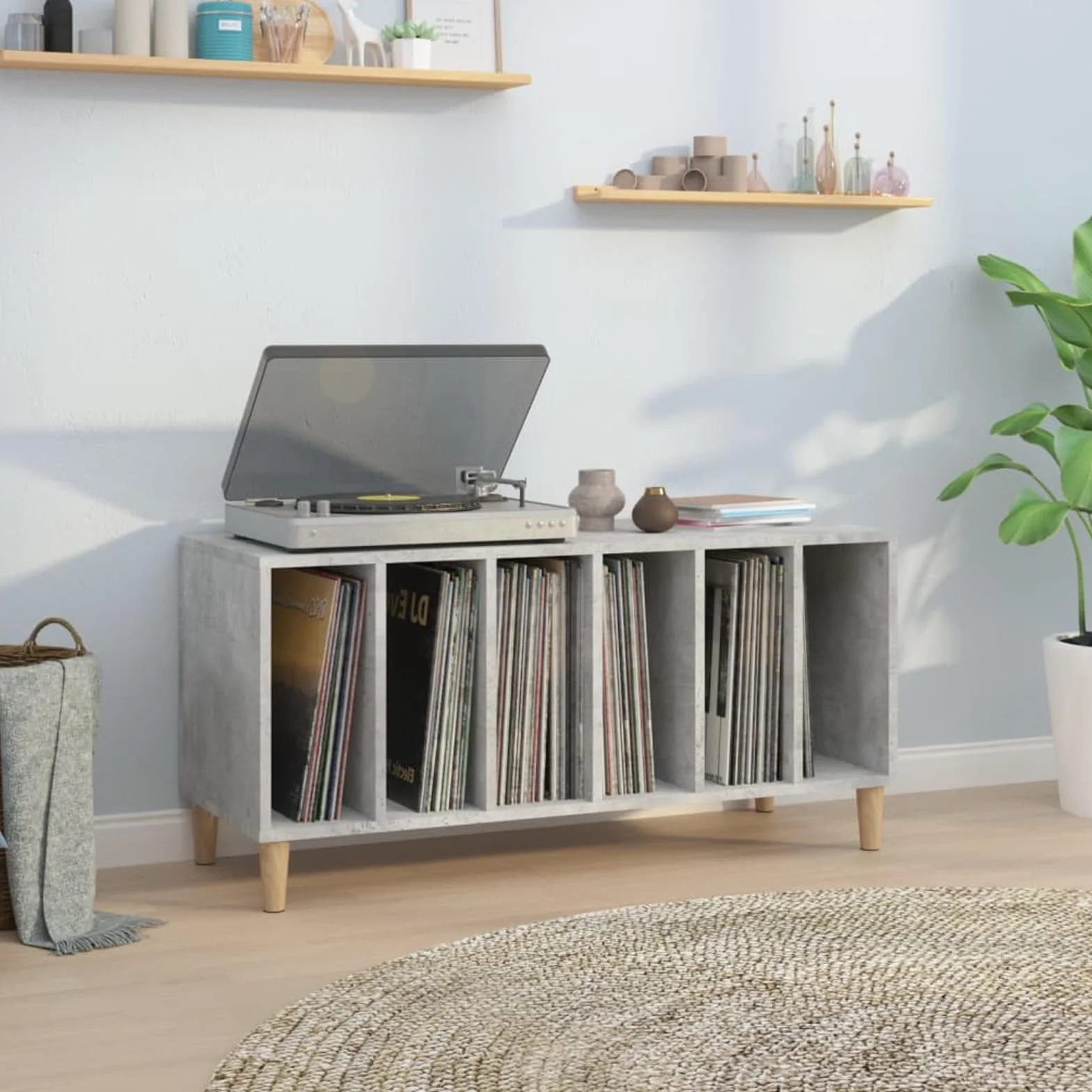 IKAYAA Mueble de Discos de Madera 100x38x48 cm, Tocadiscos de Vinilo Stand, Estanteria CD, Mueble para Discos y Vinilos, Gris Hormigón