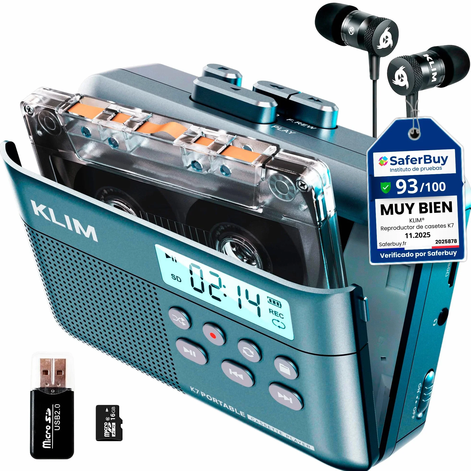 KLIM K7 Reproductor Cassette MP3 Portátil Micrófono Altavoz Batería Recargable Auriculares Tarjeta SD 16 GB Azul