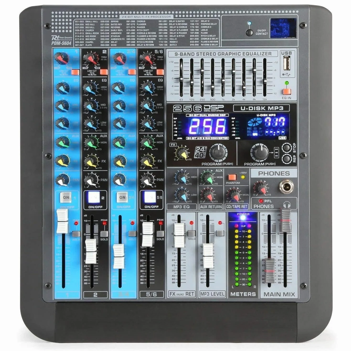 Power Dynamics PDM-S604 - Mezclador DJ profesional de 6 canales con efectos DSP, ecualizador gráfico de 9 bandas, Bluetooth, Reproductor USB/MP3, entrada de micrófono, ideal para música en directo