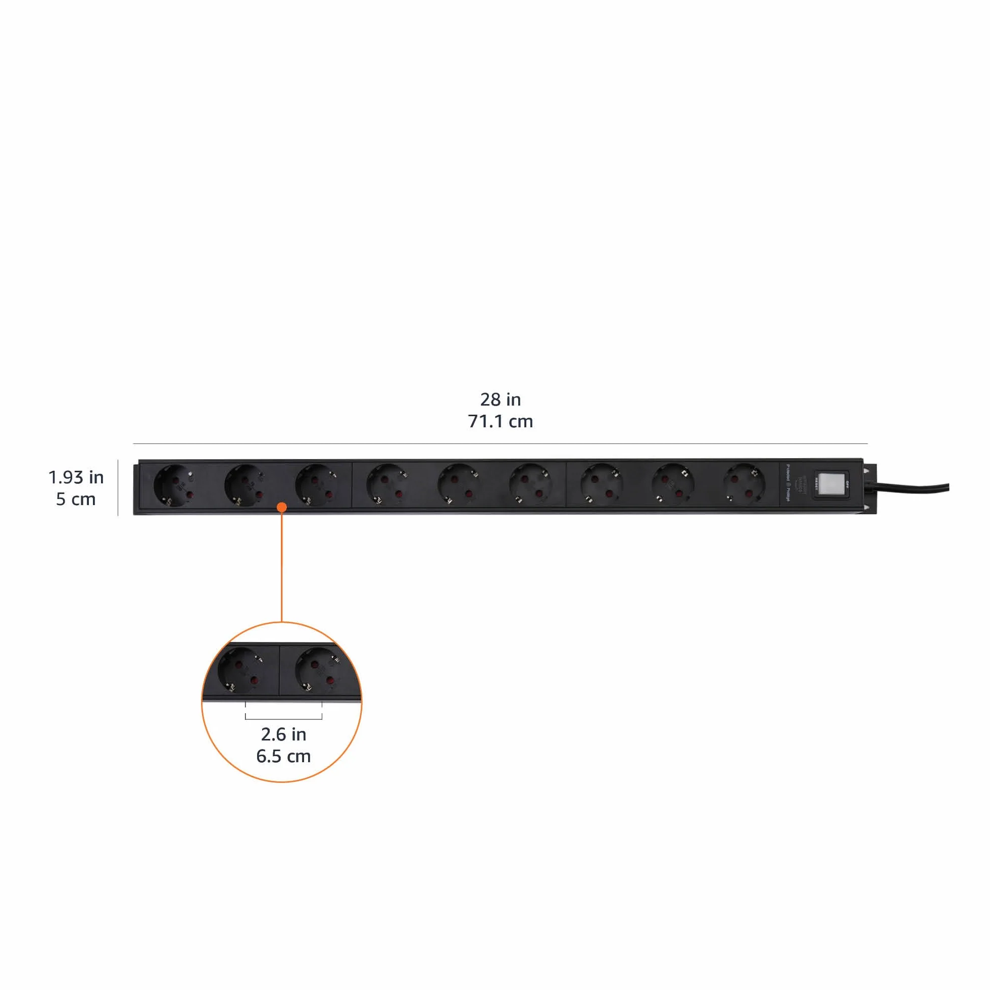 Amazon Basics Regleta de Alimentación Rectangular de Metal Resistente a Sobretensiones con Protectores de Seguridad, 9 Tomas de Corriente (Enchufe de la UE), 600 Julios, Cable Negro de 1,8 m