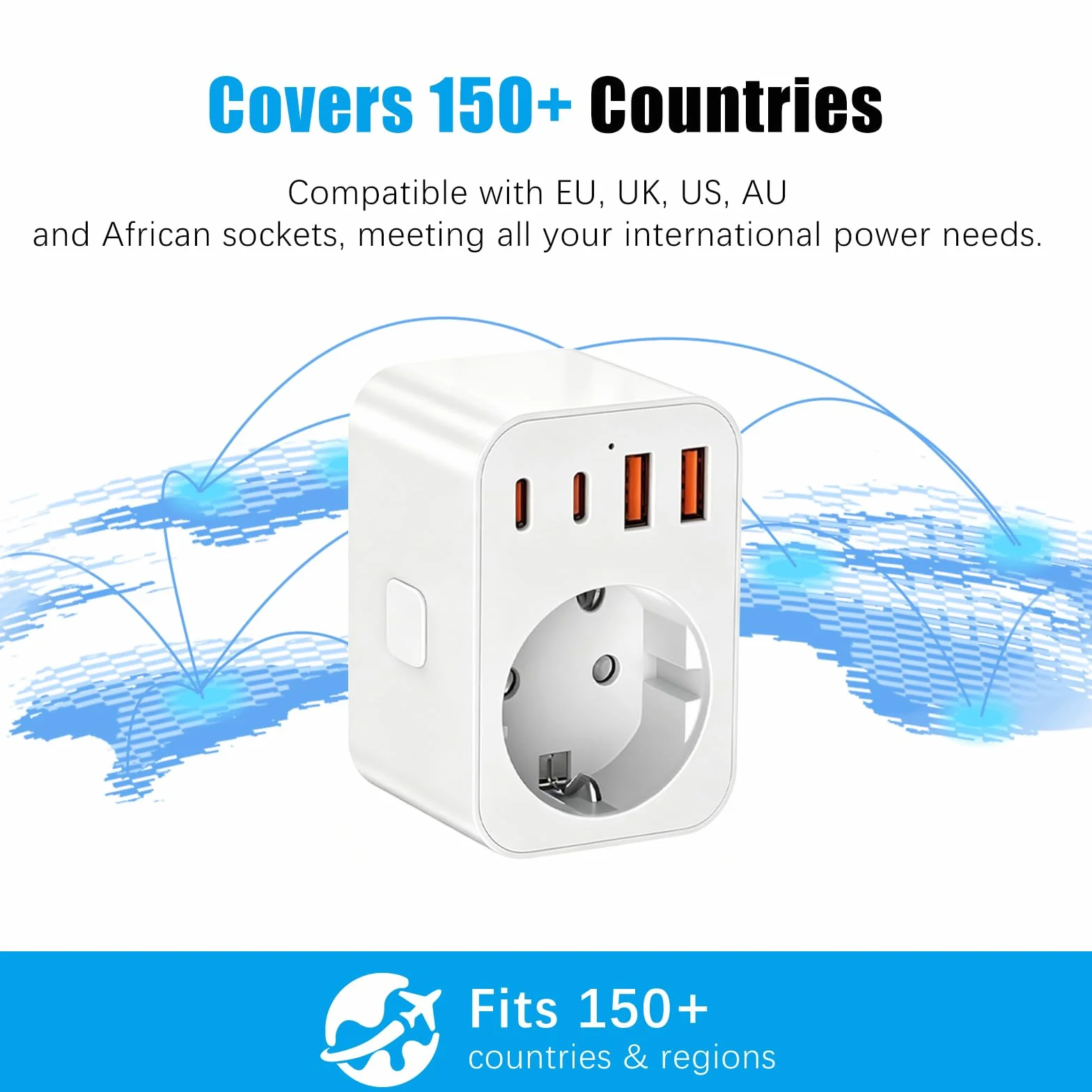 Adaptador de Viaje Universal, 2500W 4 USB (2 USB-C+2 USB-A) con 6 Enchufes Intercambiables A/C/G/I/D/M, para USA, Japón, Reino Unido,Europa,Australia,China,Japón,Sudáfrica