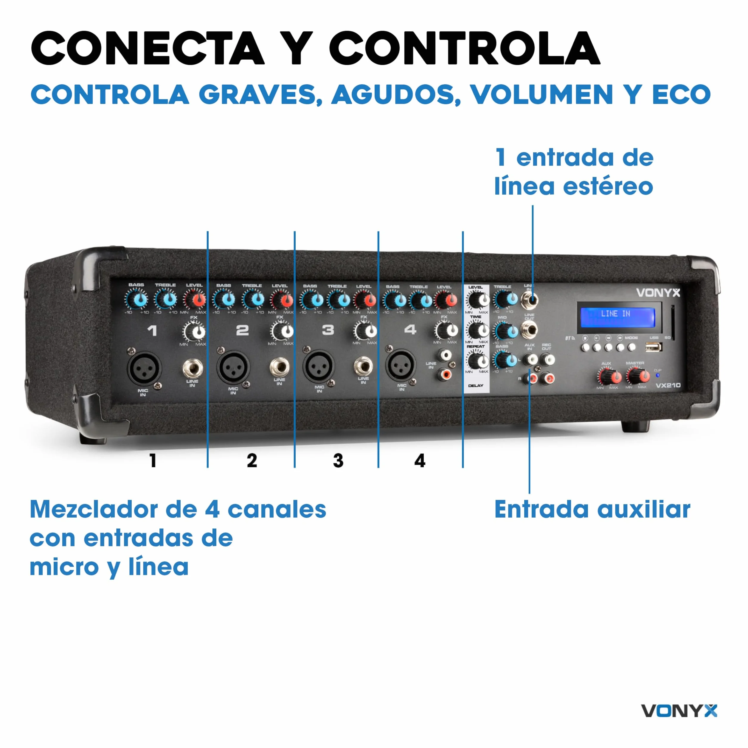 Vonyx VX210 – Sistema Karaoke Profesional de 800W con 2 Altavoces 10” y Soportes, Mezclador 4 Canales, Bluetooth, USB, SD, Equipo de Sonido para Fiestas y Karaoke Adultos, Color Negro