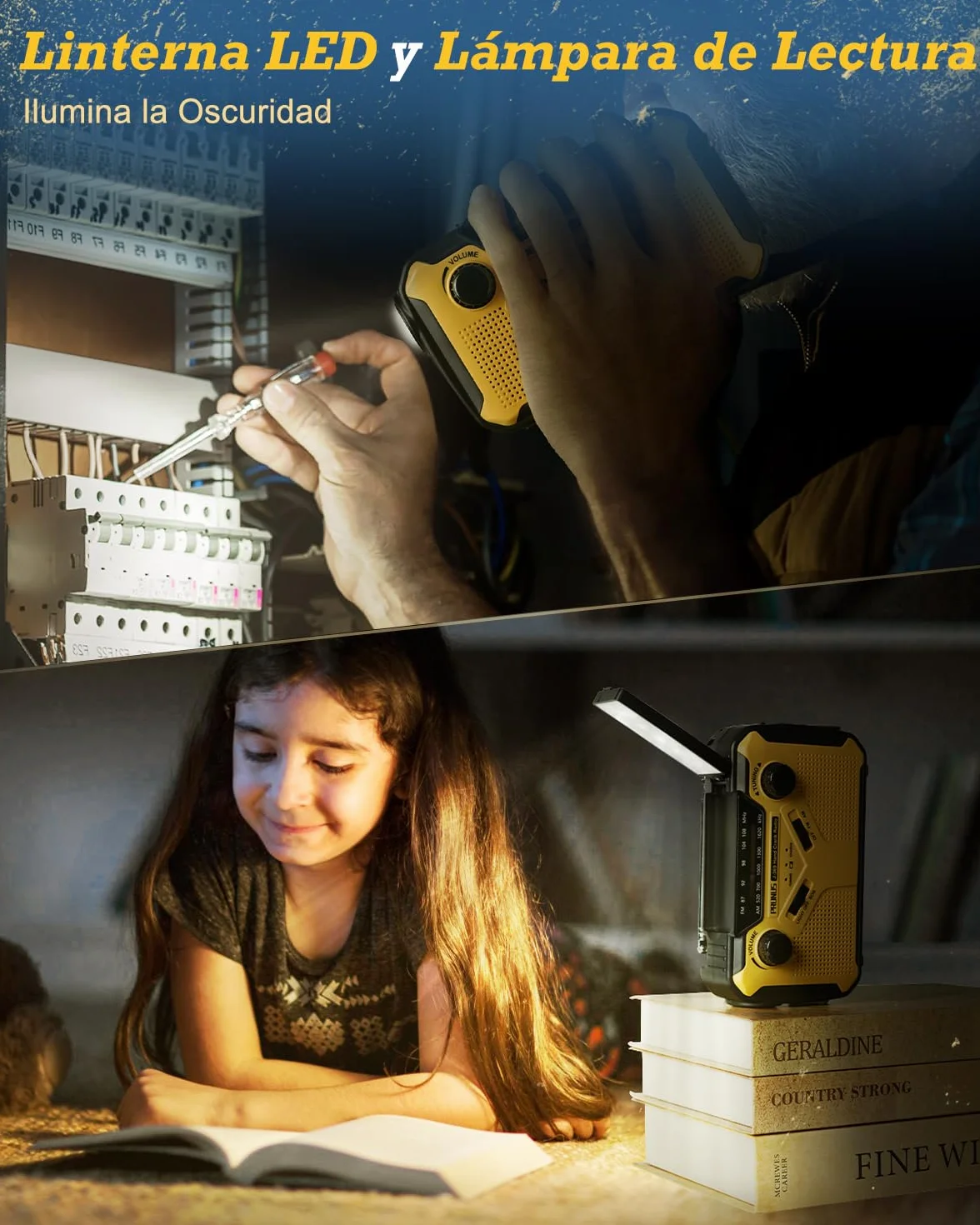 PRUNUS J-369 Radio Solar y a Pilas, Radios Emergencia con Manivela, Am FM Radio Portatil Pequeña Recargable con Banco de Energía de 3000 mAh, Lámpara Lectura, Linterna, SOS.