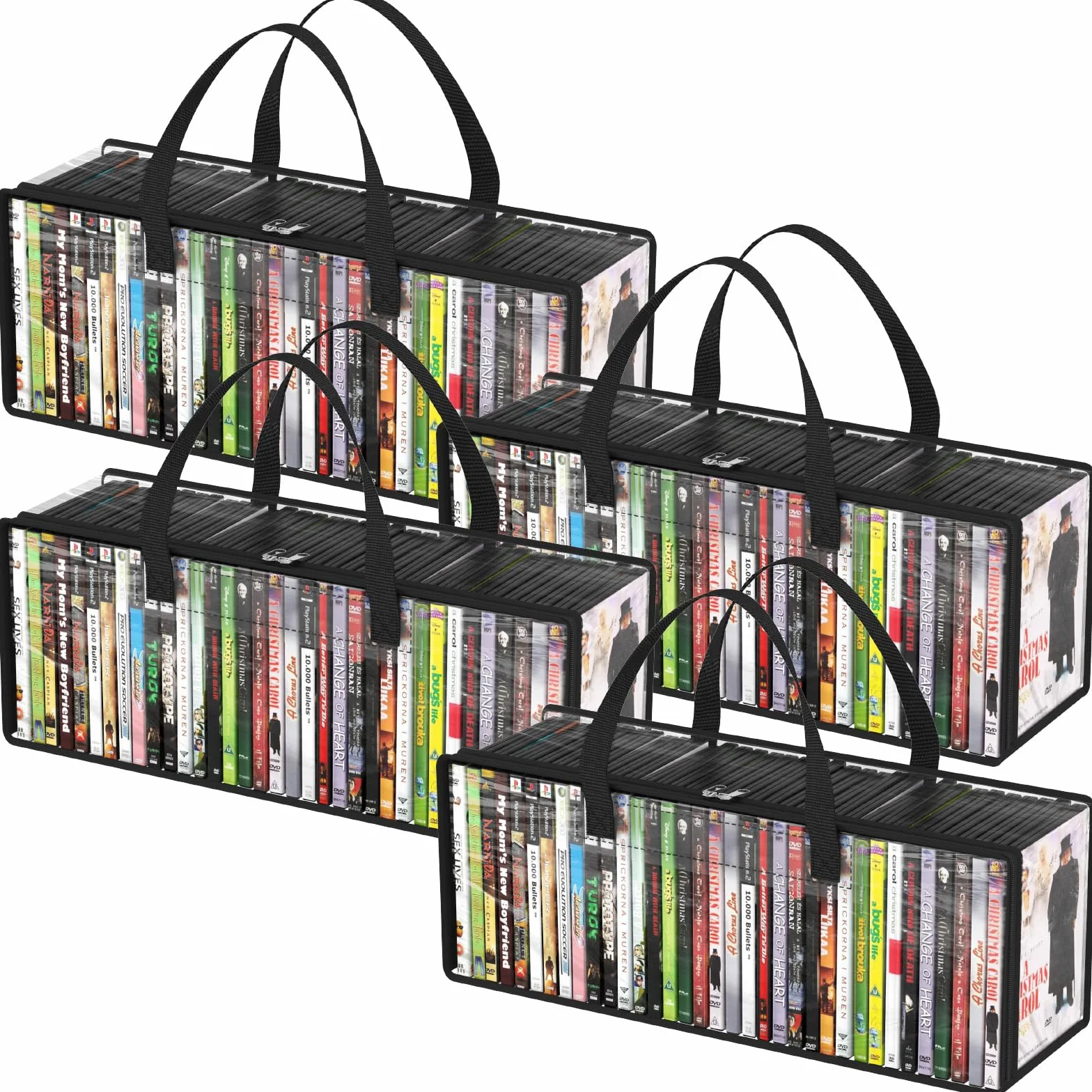 Lifewit Bolsas Almacenaje para DVD, Organizador Transparente de PVC para Blu-ray y Películas, Fundas para VHS y Medios con Asas y Cremallera, Capacidad 140 DVD (35 por Bolsa), 4 Piezas
