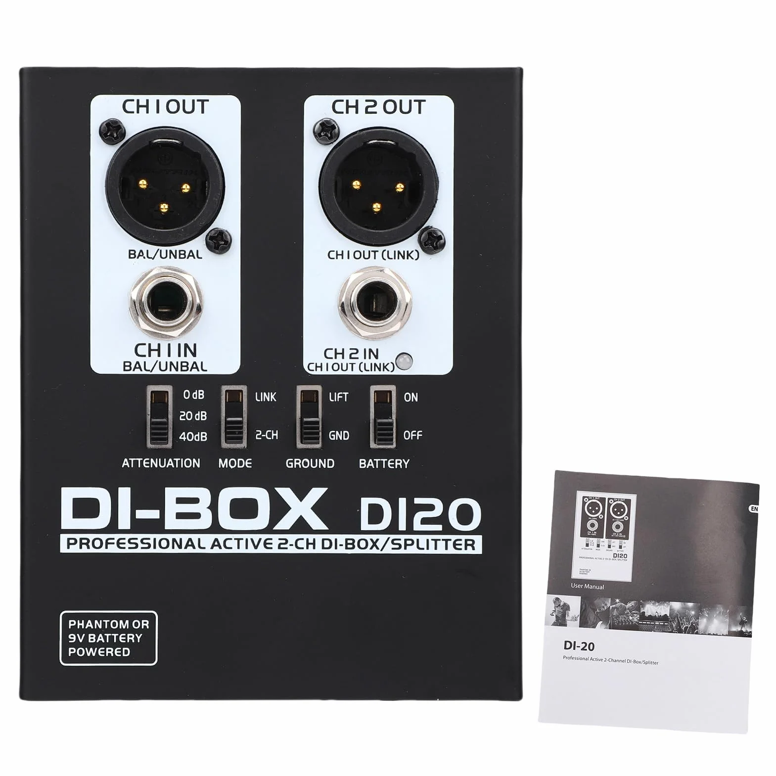 Caja DI activa de 2 canales, XLR TRS balanceada Caja directa estéreo de metal Convertidor de impedancia de señal de inyección directa Eliminador de ruido para altavoz de guitarra
