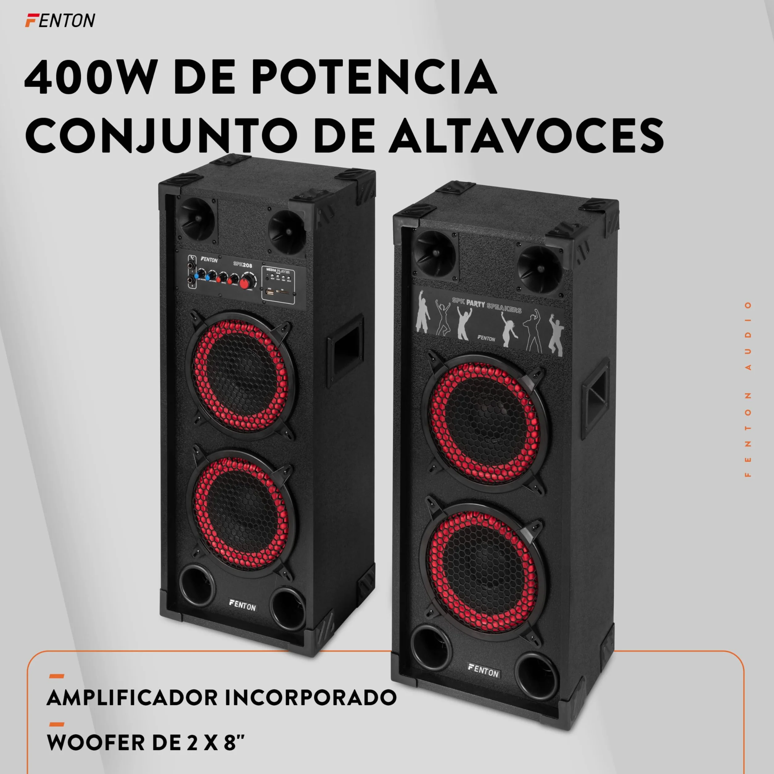 Fenton SPK208 – Altavoces Activos PA Doble woofer 8 Pulgadas con Amplificador Integrado, Bluetooth, MP3, USB, SD, Dos entradas de Micro Eco Ajustable, Ideal para Fiestas, Karaoke y Eventos.