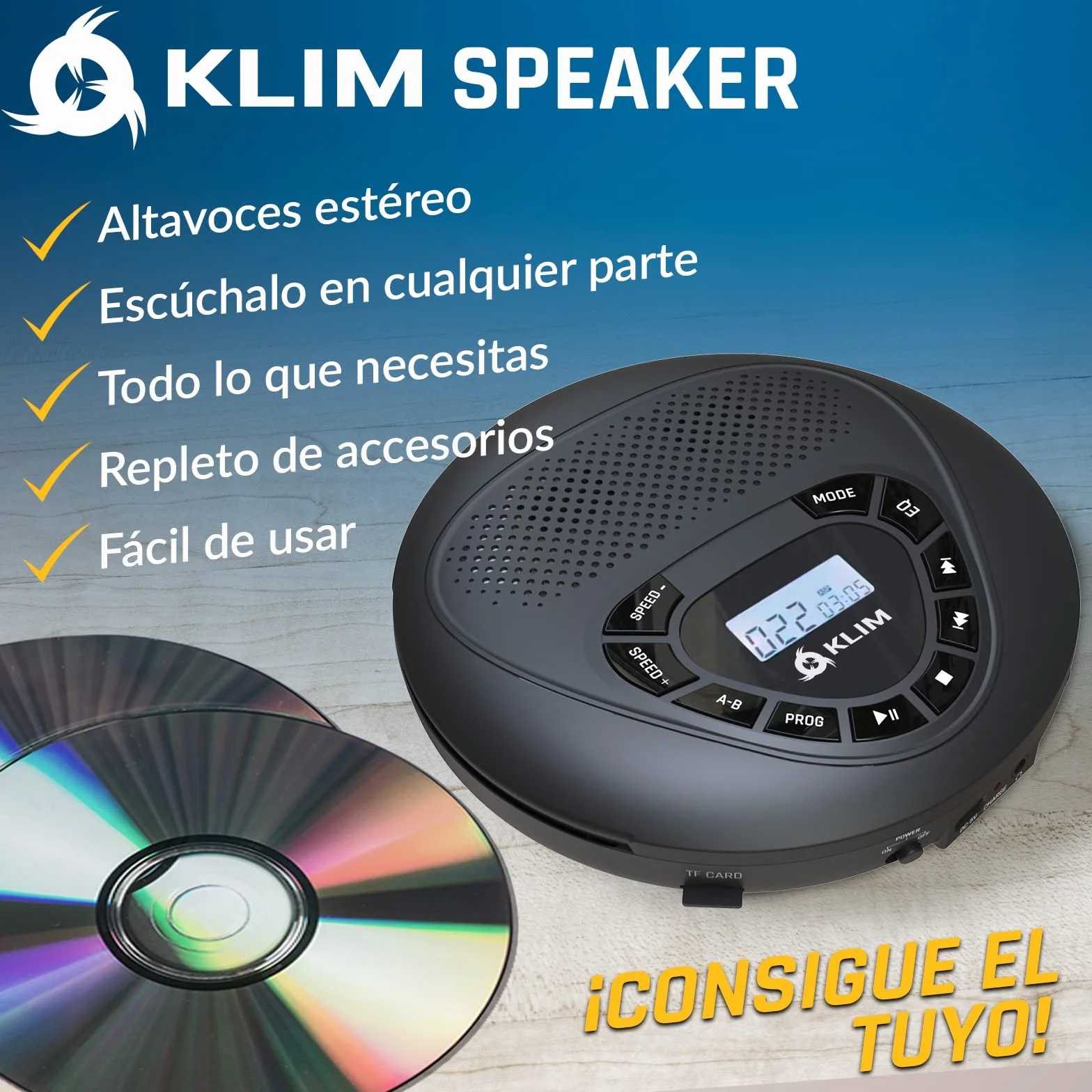 KLIM Reproductor CD portátil con Altavoces Discman Batería Recargable Lector SD/TF AUX