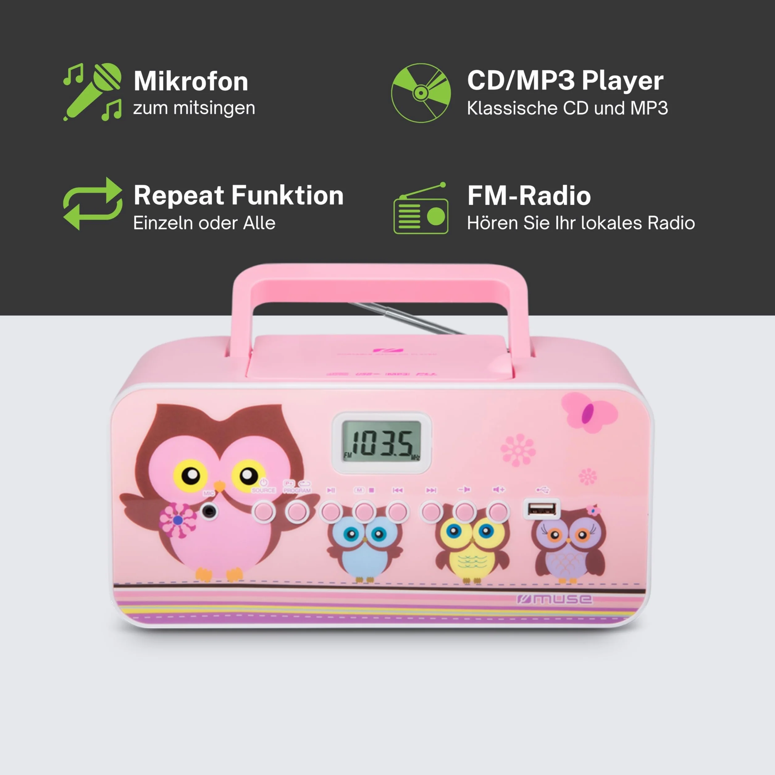 Radio CD Portátil MUSE M-29 KP con Micrófono, Programable, MP3