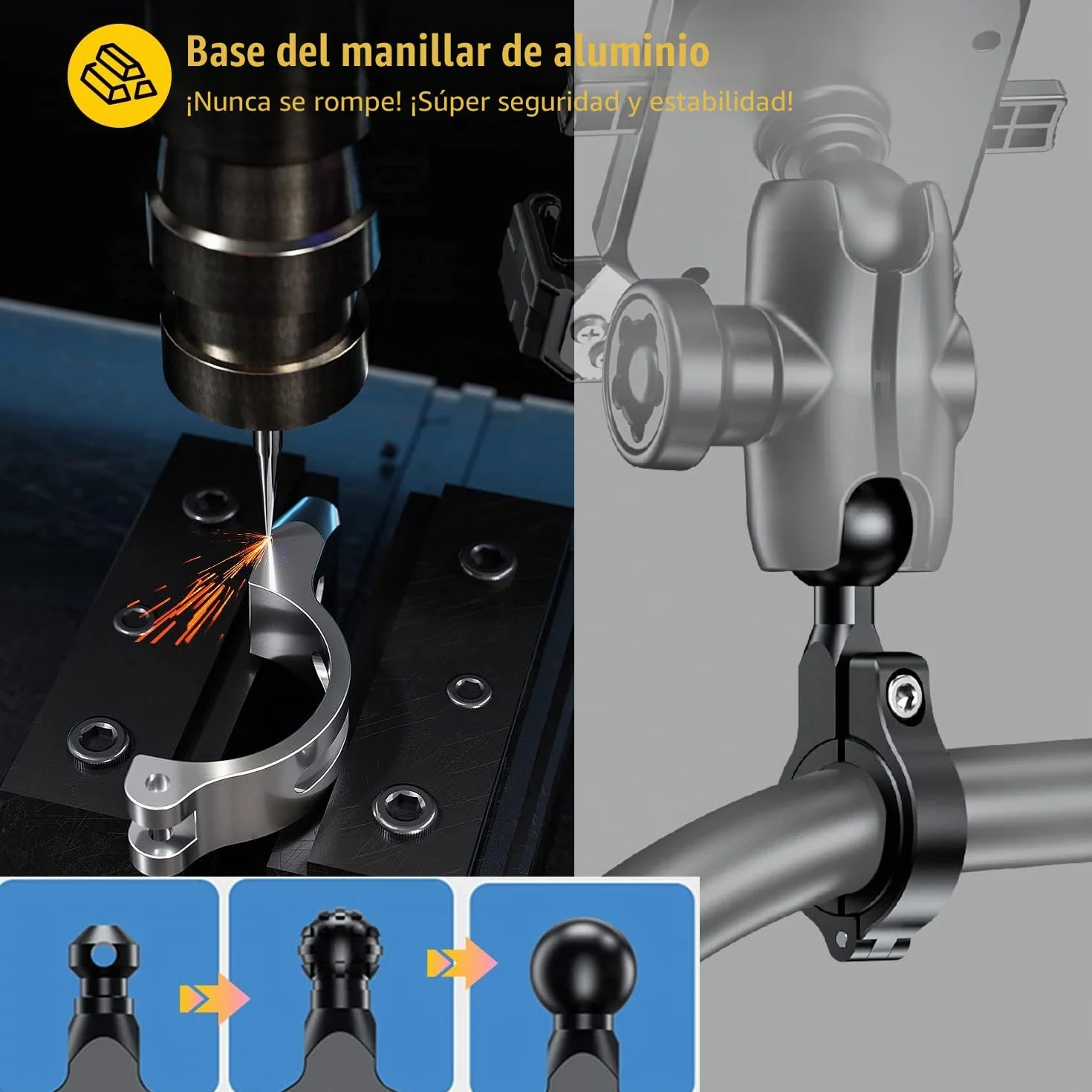 iMESTOU Soporte Antirrobo para Teléfono de Moto, Base Esférica de Aluminio 1 Pulgada, Rotación 360°, Universal 4.0"-7.0"