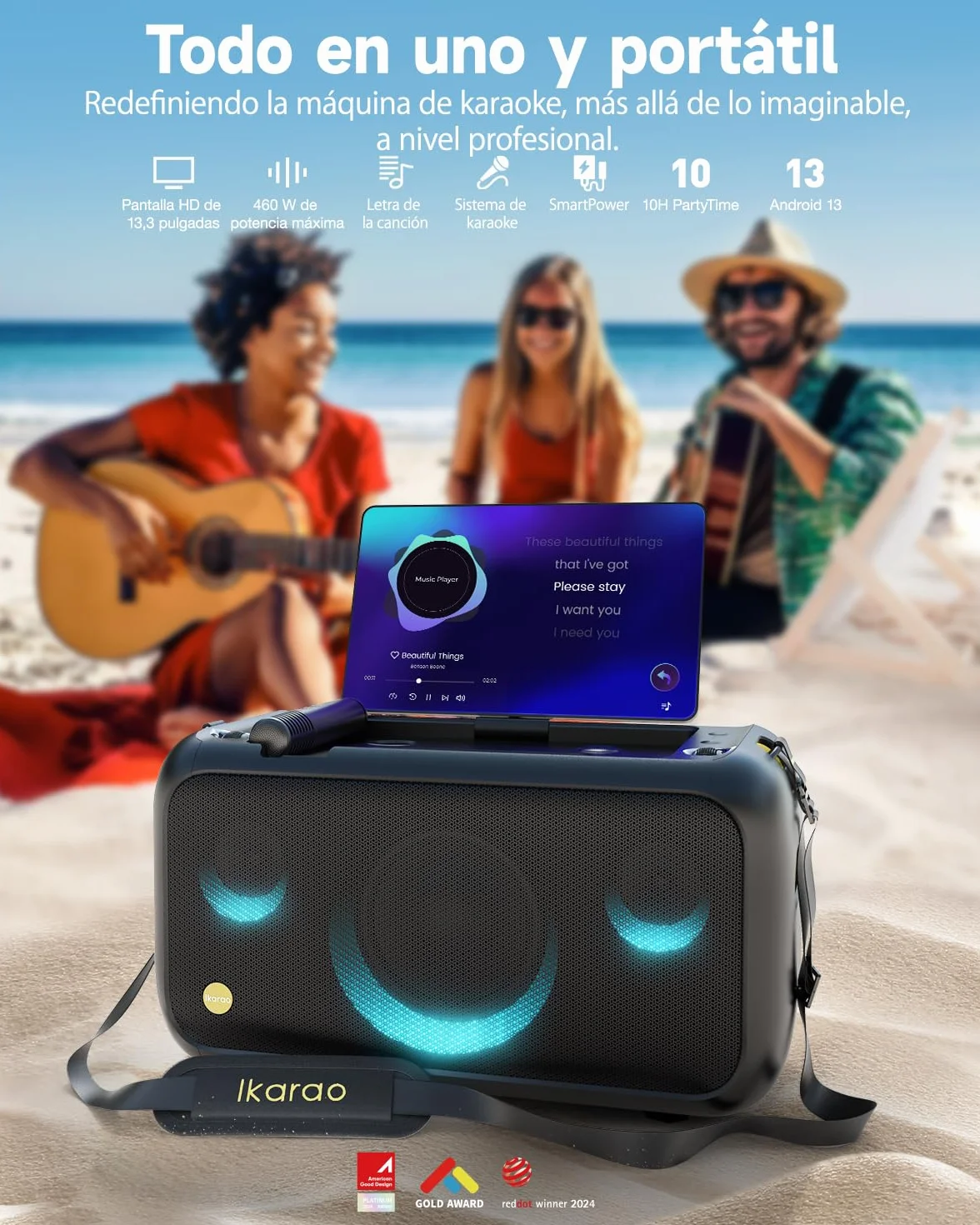 Máquina de Karaoke para Adultos con Pantalla de Letras, Pantalla integrada de 33,8 cm, máquina de Karaoke Realmente Todo en uno con 2 micrófonos inalámbricos (Ocultos y de Carga automática), Altavoz