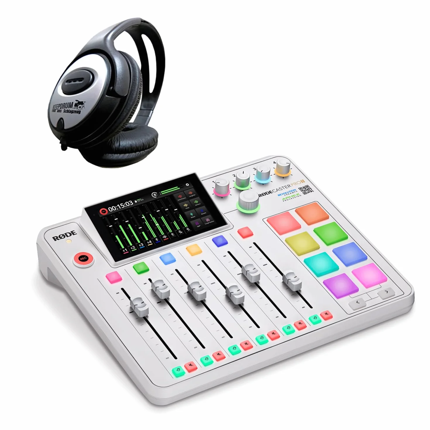 Rode Rodecaster Pro II Audio Production Studio Podcast Station - Estación de podcast con auriculares keepdrum, color blanco