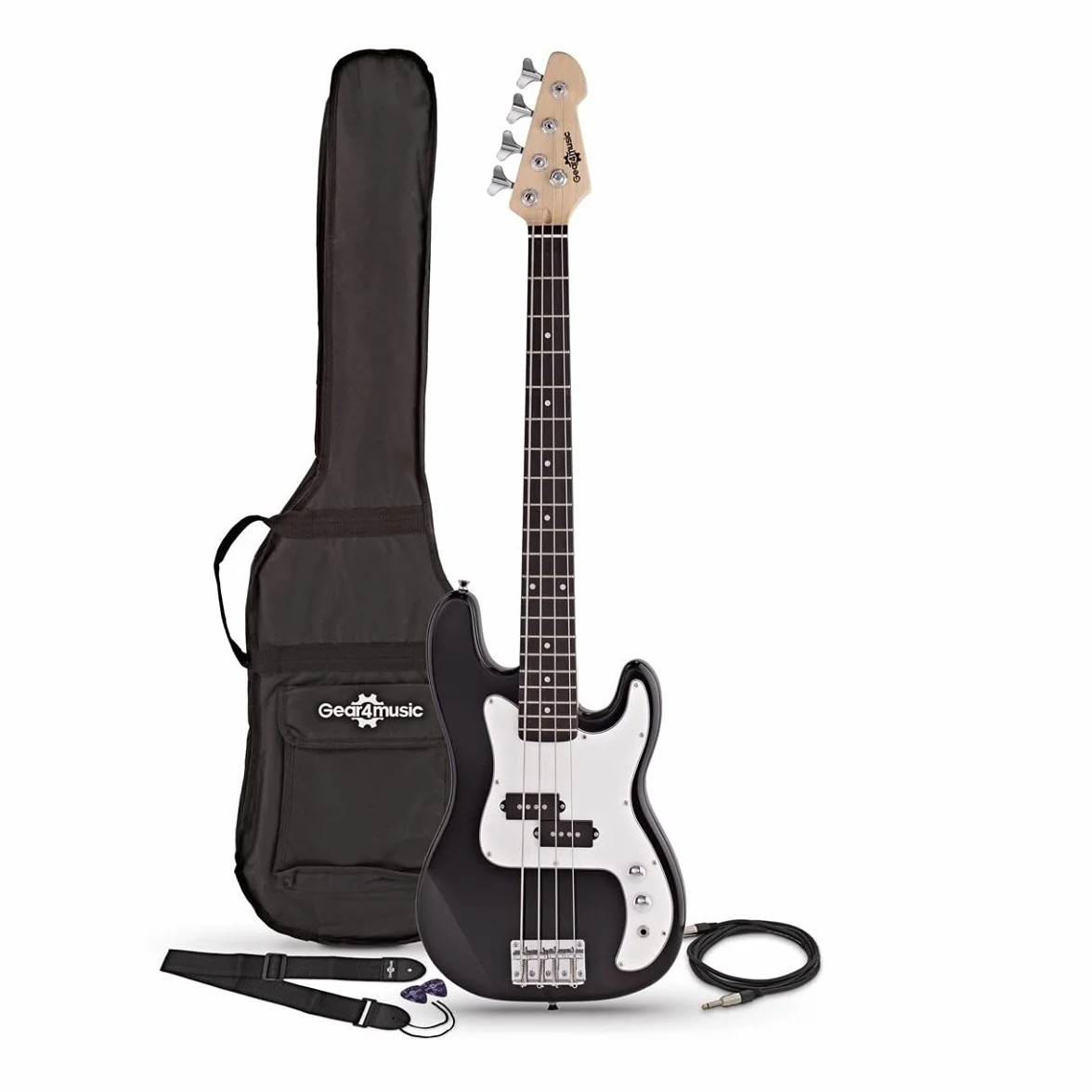 Gear4music Guitarra de bajo tamaño 3/4 negra con funda y cable