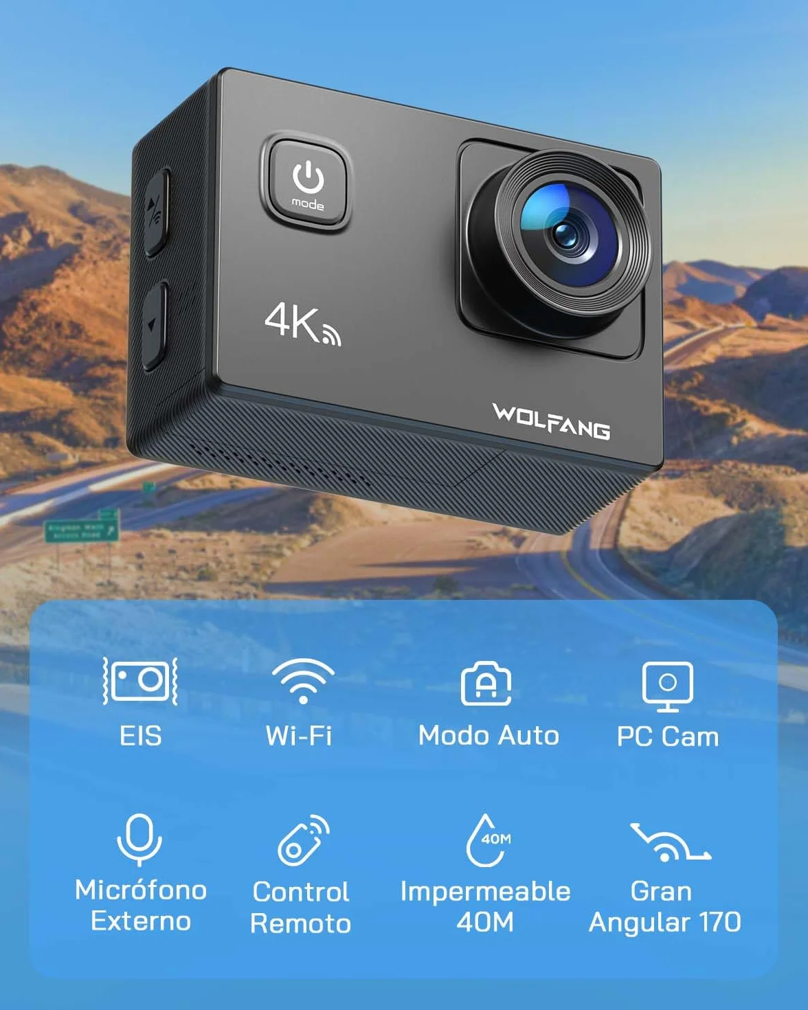 WOLFANG Cámara Deportiva 4K 30FPS GA100 32GB MicroSD 20MP Impermeable 40M WiFi Micrófono Dual 170° Gran Angular EIS