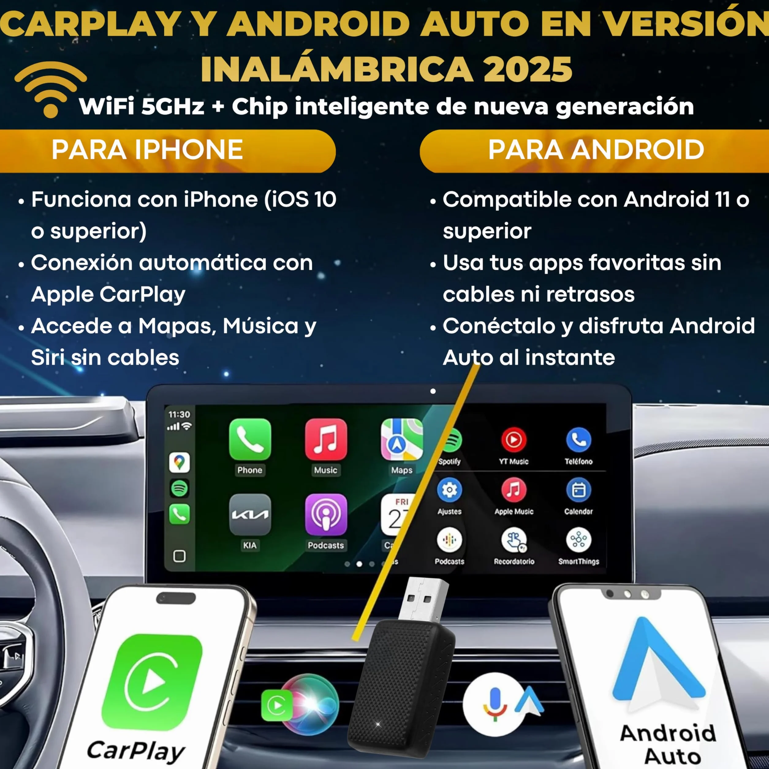 Adaptador USB CarPlay Inalámbrico 2 en 1, Receptor Auto iPhone, Android Auto, Compatible iOS 10+ Android 11+