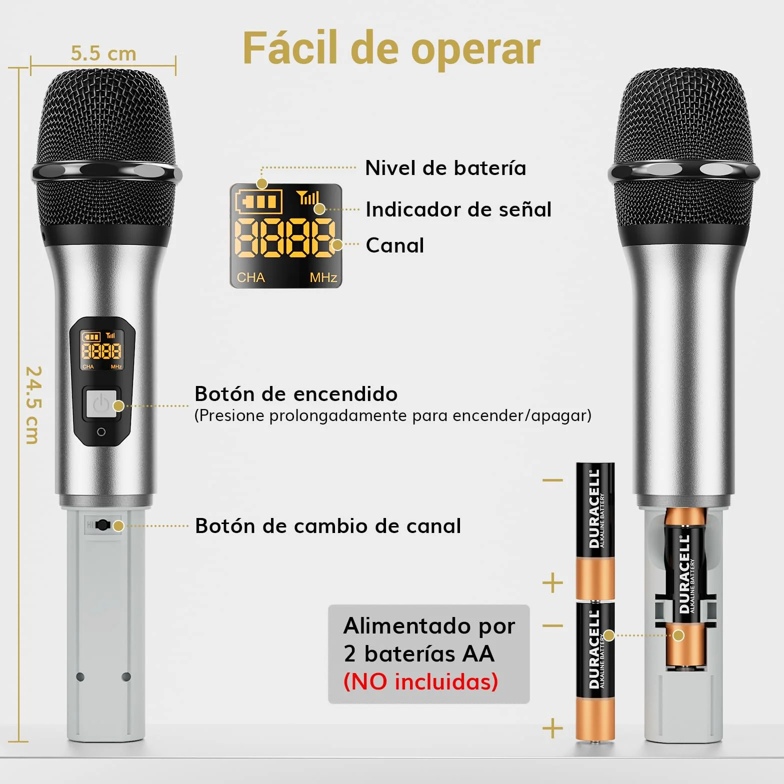 TONOR Micrófono Inalámbrico Dual Sistema de Micrófono Inalámbrico de Mano Profesional UHF, Set KTV Hogar para Karaoke, DJ, Fiesta, 60 Metros, TW820, Plata