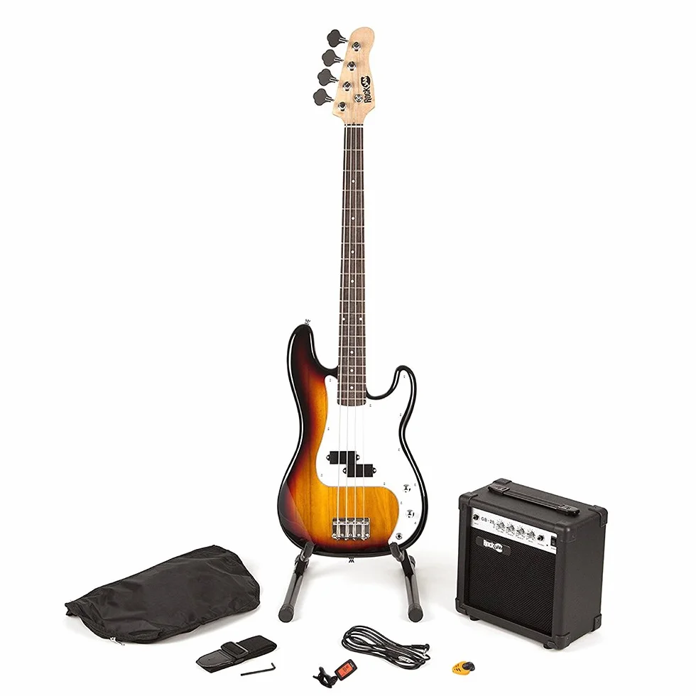 RockJam Super Kit de bajo de tamaño completo con amplificador de guitarra, Sintonizador de guitarra, Soporte, Bolsa y accesorios Sunburst