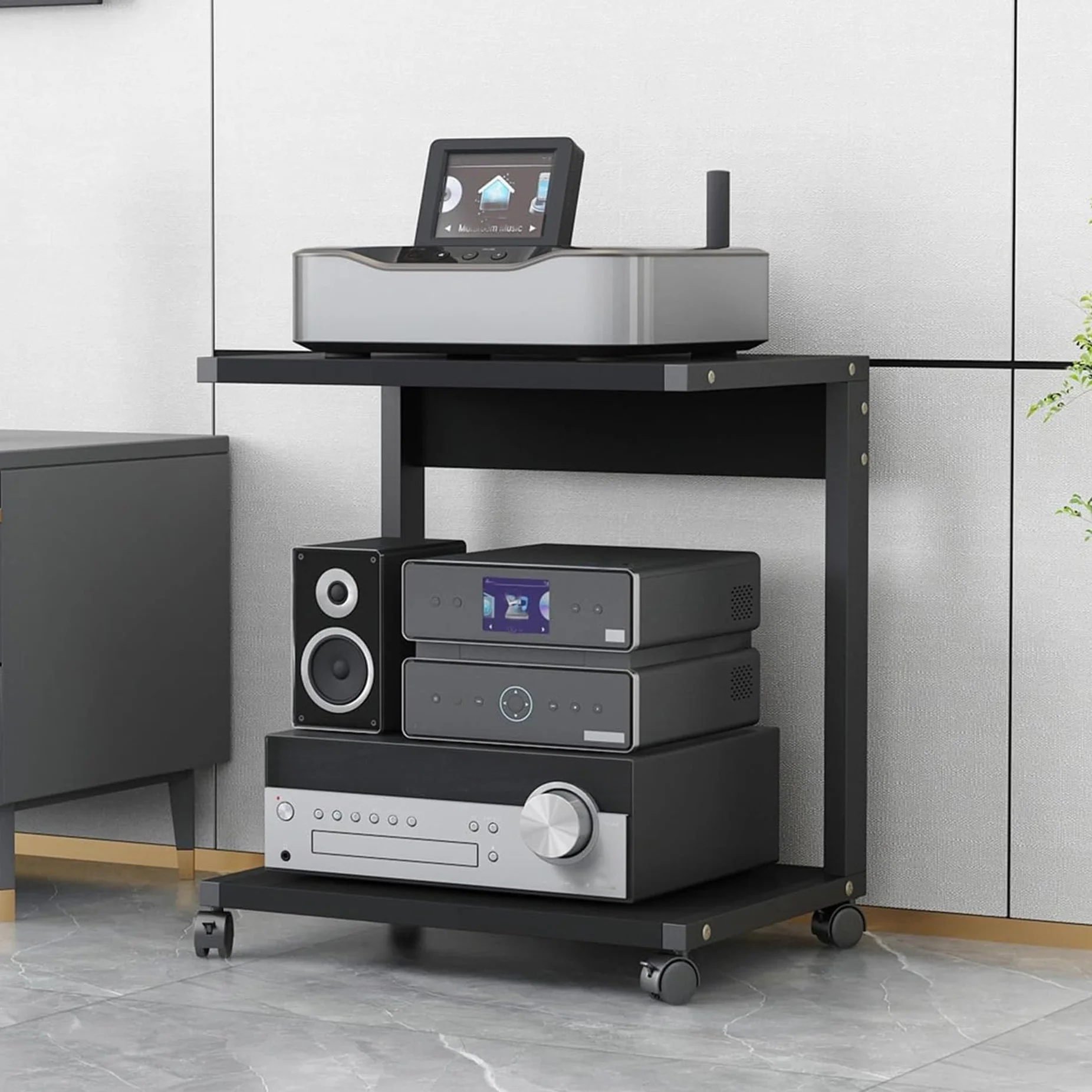 Mueble Equipo Hifi,Soporte Altavoz,Mueble Tocadiscos,Soporte para Medios Audiovisuales con Ruedas,Estanterías de Audio y Video de 2 niveles,Equipos Música Consola,para Sala de Estar y Sala de Juegos(N