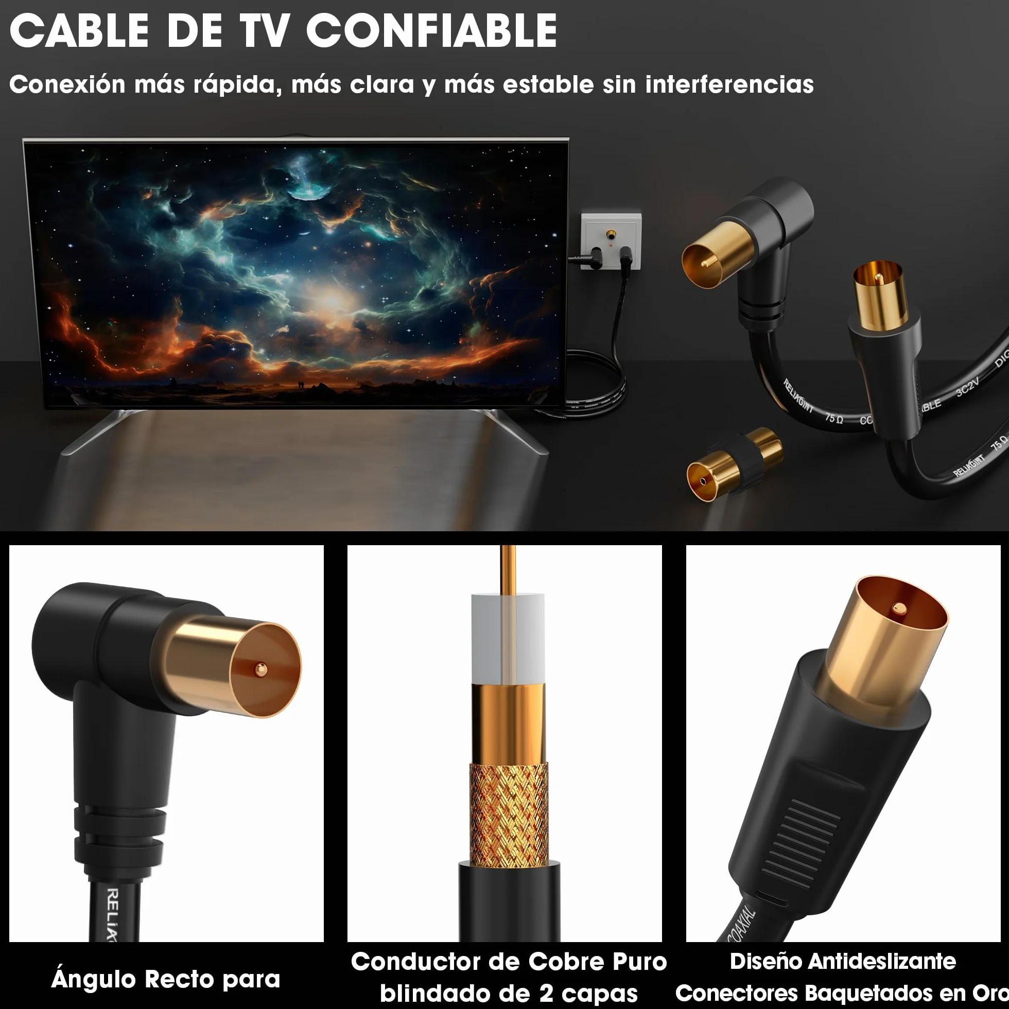 Cable antena TV 0.5m, cable coaxial 75 Ohm IEC 9,5 mm macho a macho 3C2V cobre puro doble blindaje, conector acodado, adaptador hembra a hembra incluido, negro