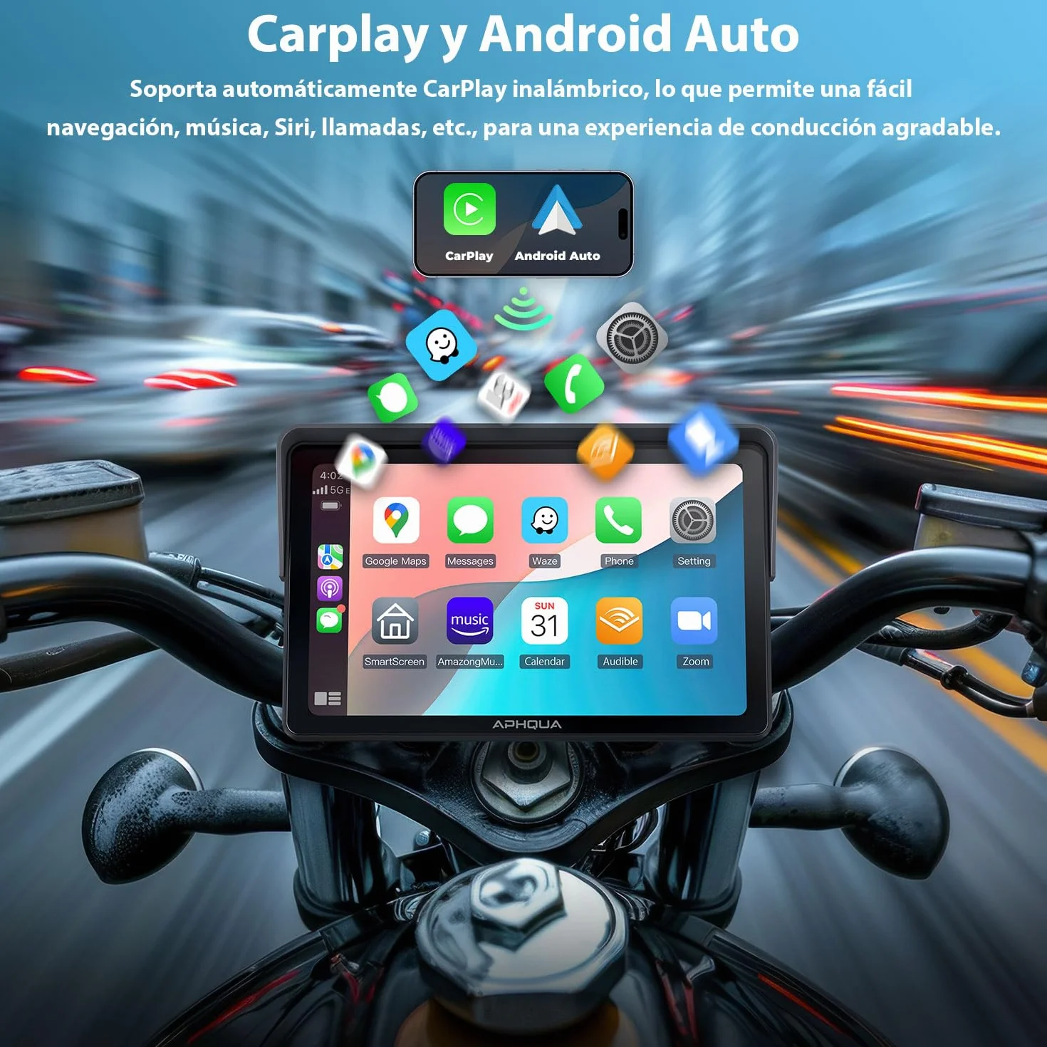 CarPlay Moto Soporte Forma U 7" Pantalla Táctil Impermeable Bluetooth GPS Navegación Android Auto Inalámbrico
