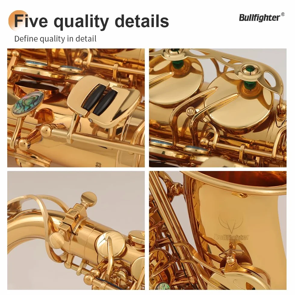 Bullfighter Saxofón alto lacado dorado de cobre con funda rígida, correa, guantes, paño de limpieza, cepillo de limpieza, boquilla de repuesto S-10 (dorado)