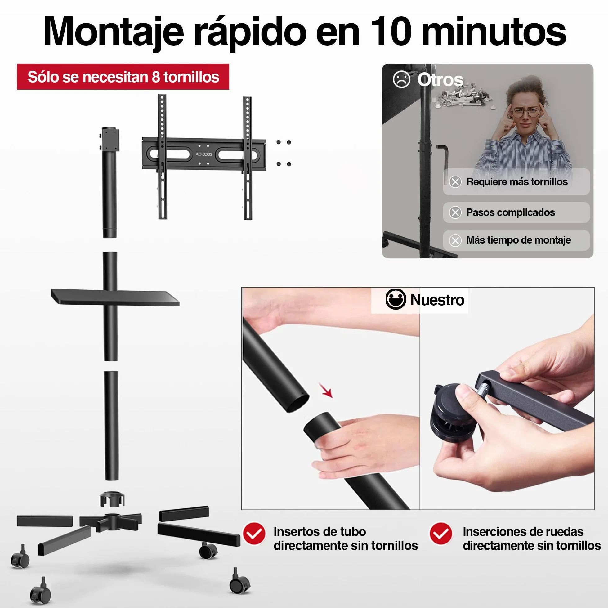 AOKCOS Soporte de TV móvil con ruedas para televisores de 32 a 65 pulgadas, carrito hasta 40 kg