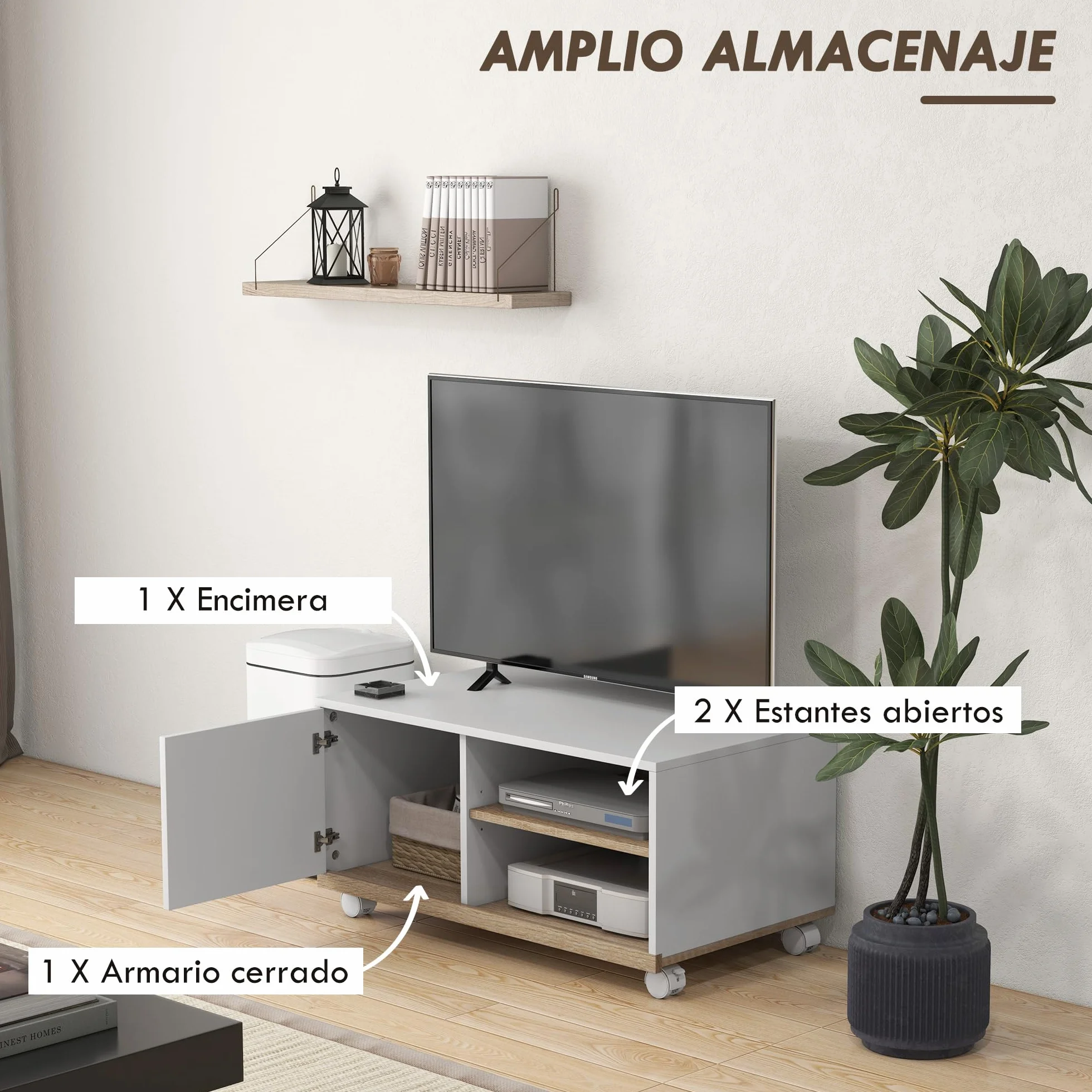 HOMCOM Mueble TV de Salón Moderno con Ruedas Mesa para Televisores de 42 Pulgadas Módulo TV con 1 Puerta y 2 Estantes de Almacenamiento 80x45x41 cm Blanco