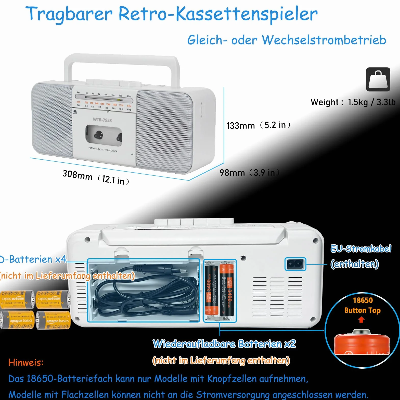 Reproductor y Grabadora de Cassette Multifunción - Bluetooth, Radio Am/FM/SW, Conversor a MP3, Altavoz 10W Portátil (Blanco)