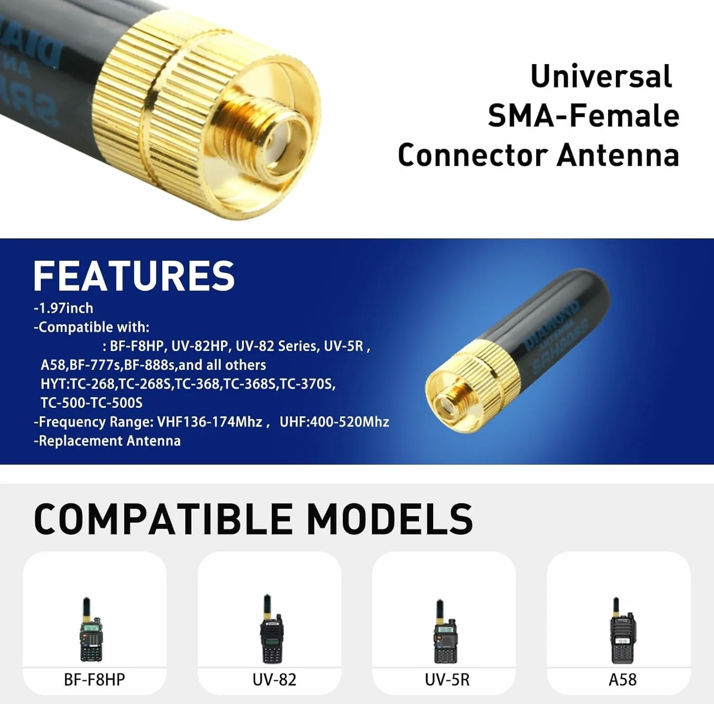 TECHZOCO Antena de Doble Banda SRH805S SMA-F 2.15dbi 50 Ohm 5 cm para Baofeng UV-5R