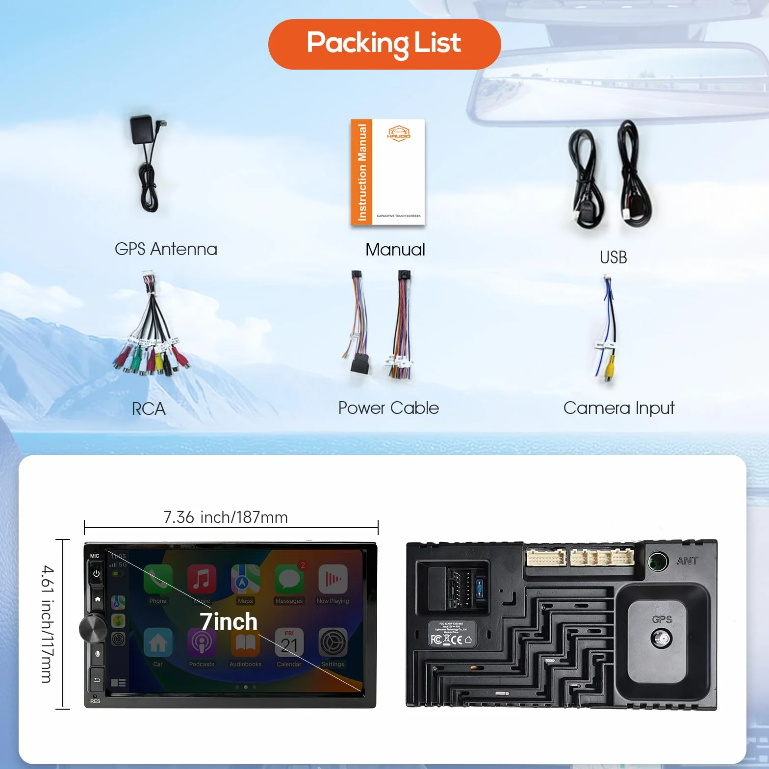Haudio Radio de Coche 2 DIN, Pantalla Táctil de 7 Pulgadas con CarPlay Inalámbrico & Android Auto, Soporta Control por Voz/FM/Mirror Link/AUX/Navegación GPS/Bluetooth 5.2 Sin Cámara 2+ 32GB