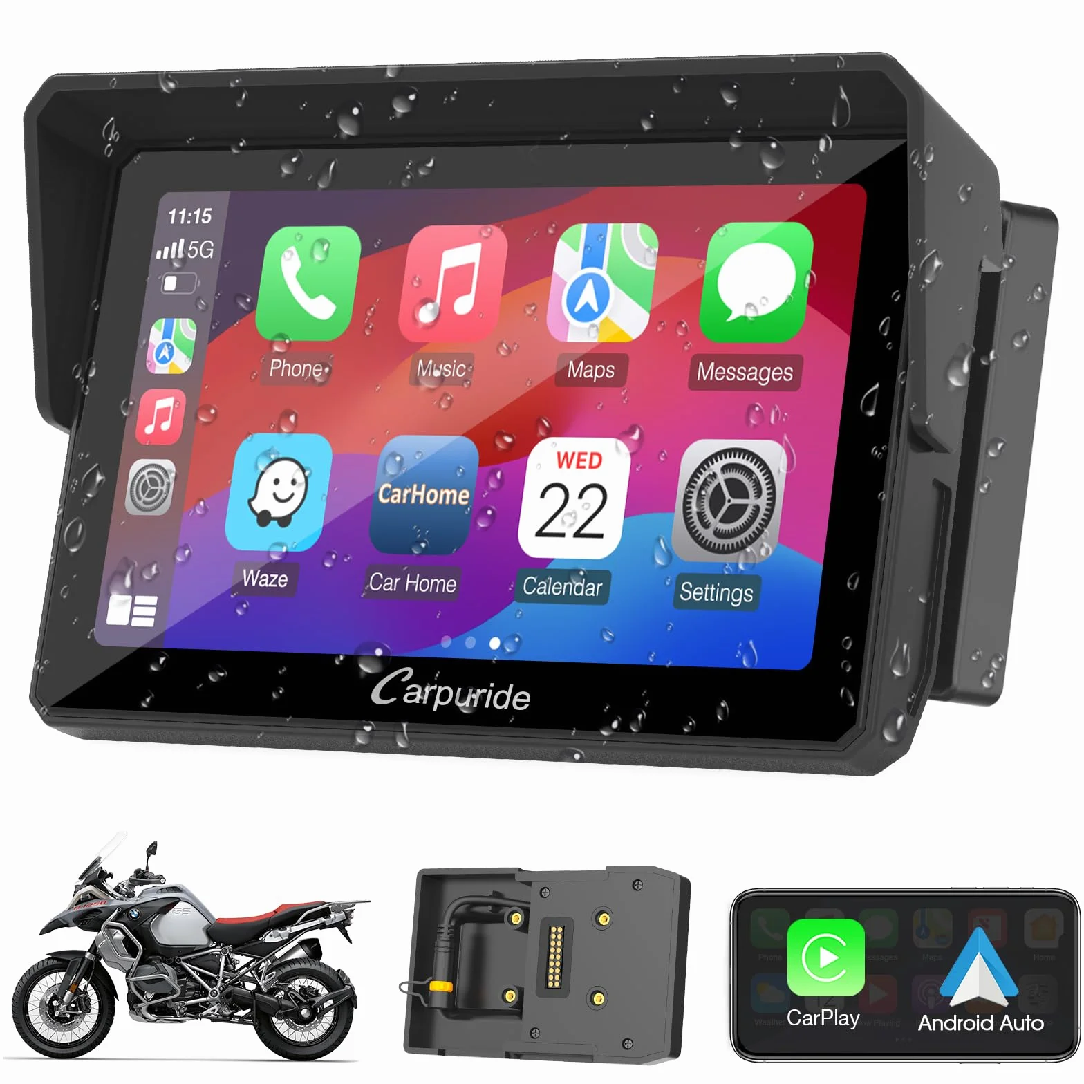 Carpuride W502B Pantalla Carplay BMW Motocicleta R1200GS R1250GS S1000XR, 5 Pulgadas Táctil Impermeable, Navegación GPS Portátil Carplay/Android Moto Bluetooth Dual