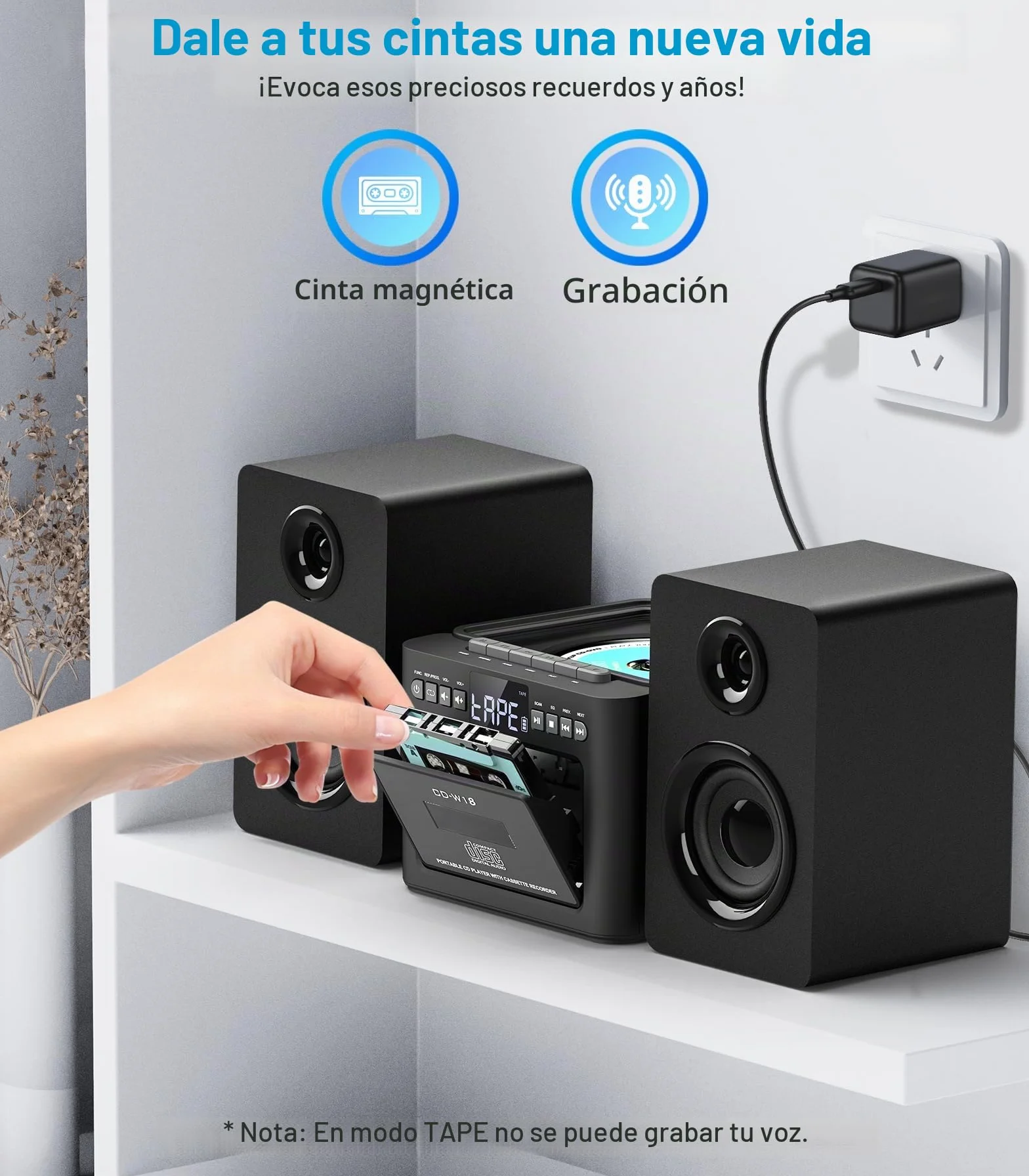Sistema estéreo para el hogar con reproductor CD y cassette, altavoces 40 W Bluetooth, radio FM/USB/TF/AUX/control remoto, alta fidelidad