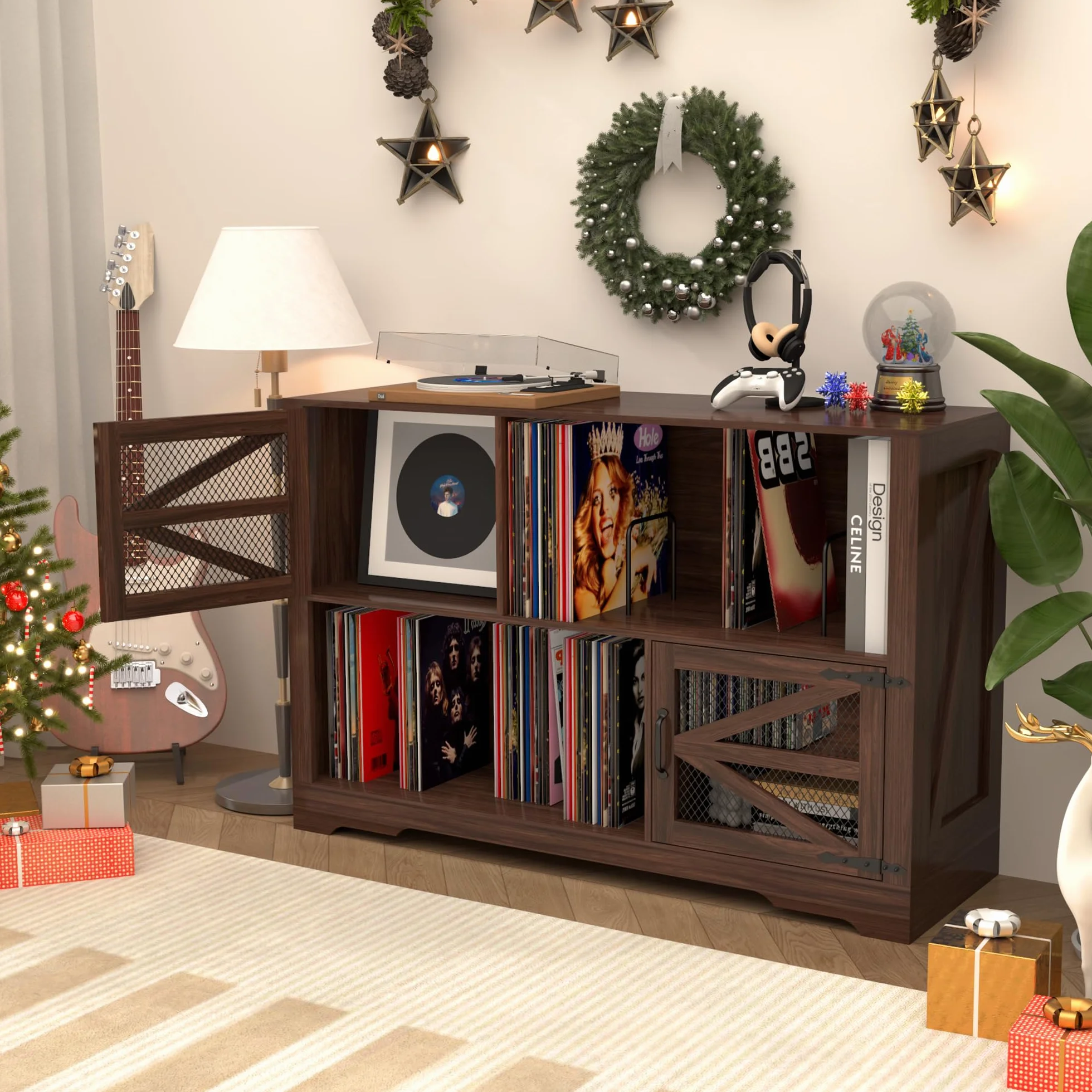 MDF Mueble para Discos de Vinilo con Acabado Nogal,Soporte para 500+ Vinilos, 2 Enchufes & 2 USB, Antivuelco, Mueble Compacto para Salón y Tocadiscos,Color Nogal