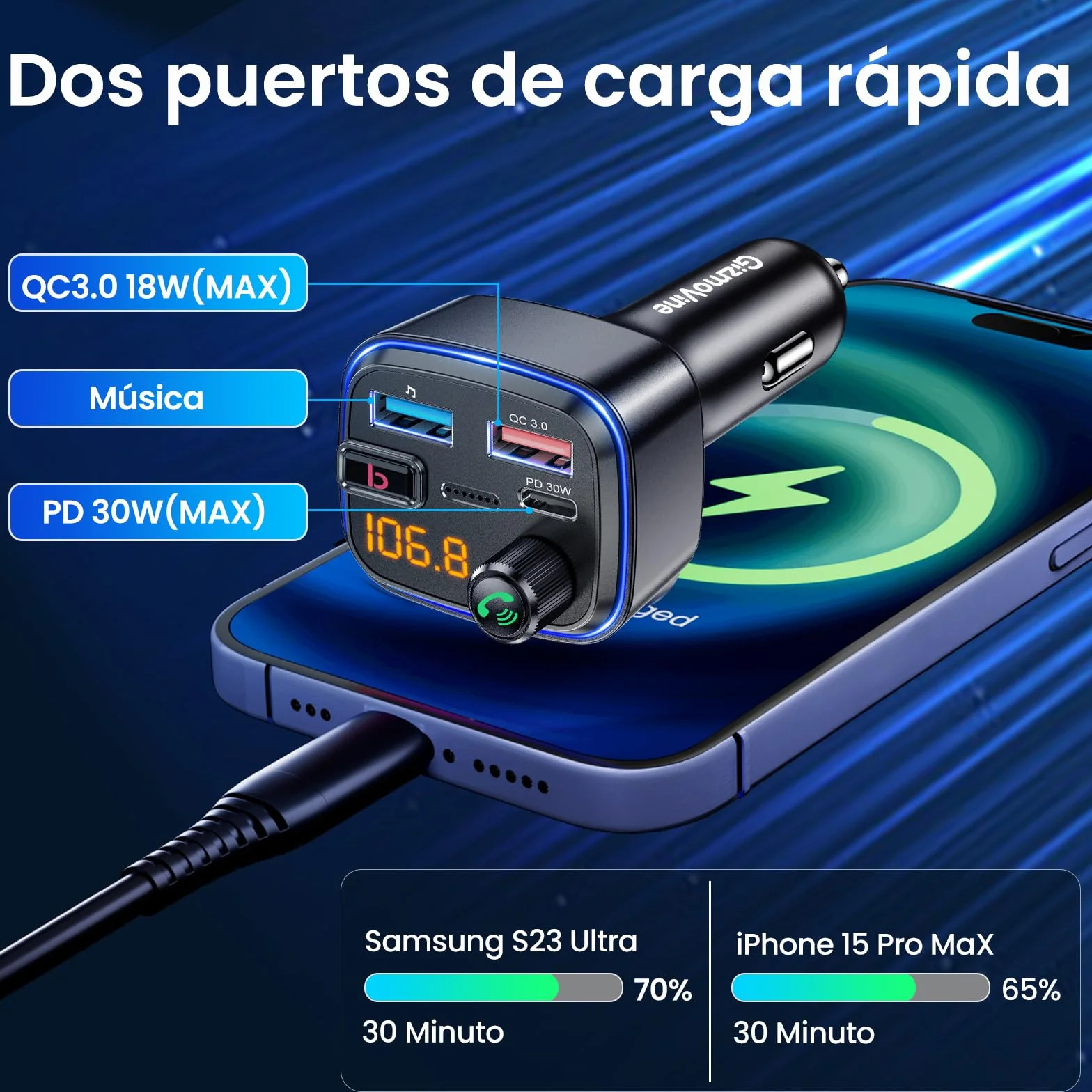 Gizmovine Transmisor FM Bluetooth Coche USB C PD 30W QC3.0 18W Manos Libres